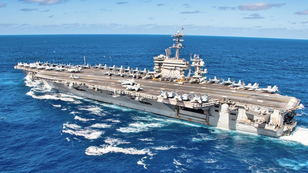 The aircraft carrier USS Theodore Roosevelt (CVN 71) transits the Pacific Ocean Jan. 25, 2020. The Theodore Roosevelt Carrier Strike Group is on a scheduled deployment to the Indo-Pacific. (U.S. Navy photo by Mass Communication Specialist Seaman Alexander Williams)