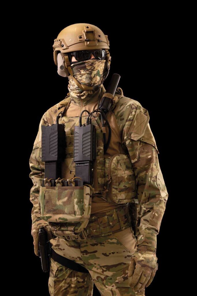 The MyDefence Soldier Kit drone detection and countermeasure suite including the Pitbill jammer and Wingman detector (with attached wideband XF antenna) worn side-by-side. [Source: MyDefence]