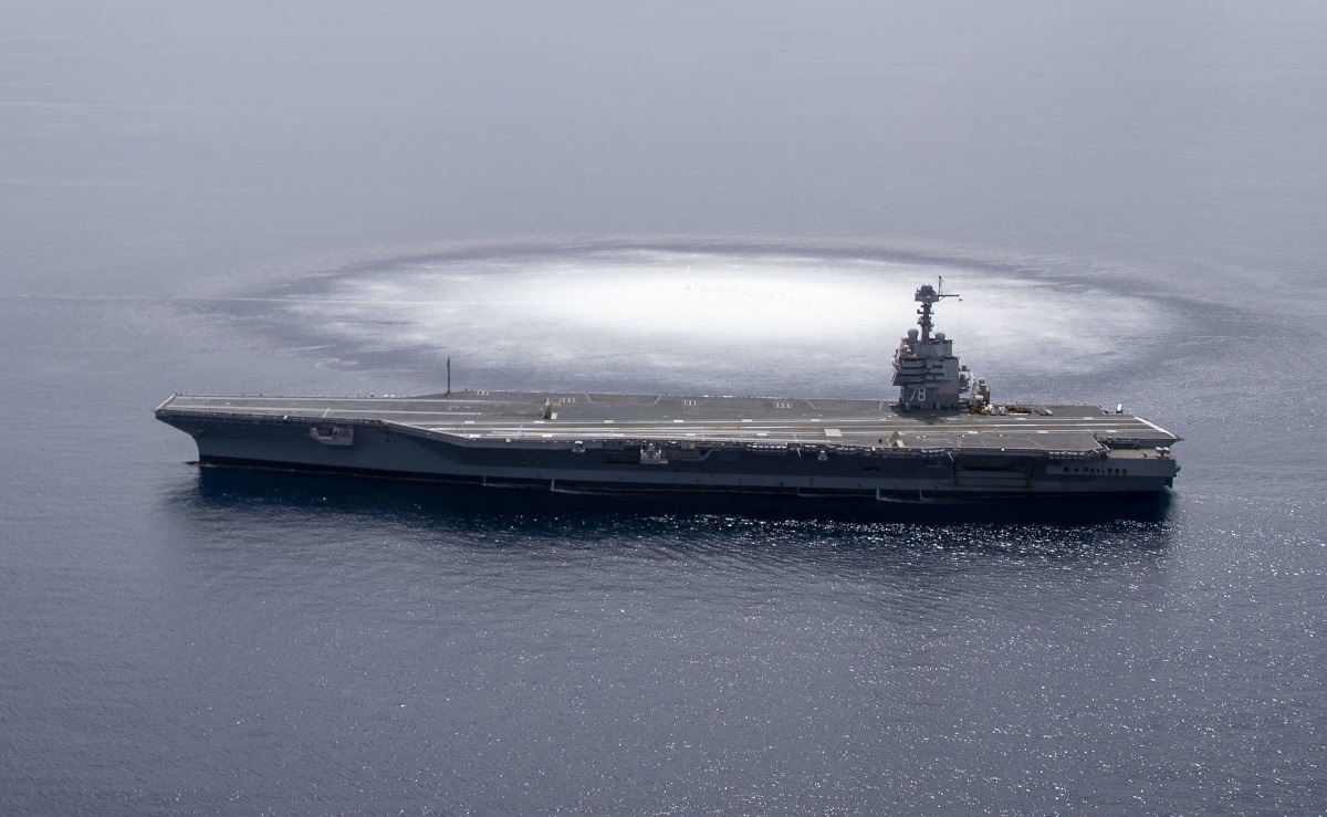 The aircraft carrier USS Gerald R. Ford (CVN 78) completes the first scheduled explosive event of Full Ship Shock Trials while underway in the Atlantic Ocean, June 18, 2021. The U.S. Navy conducts shock trials of new ship designs using live explosives to confirm that our warships can continue to meet demanding mission requirements under harsh conditions they might encounter in battle. (U.S. Navy photo by Mass Communication Specialist 3rd Class Riley B. McDowell)
