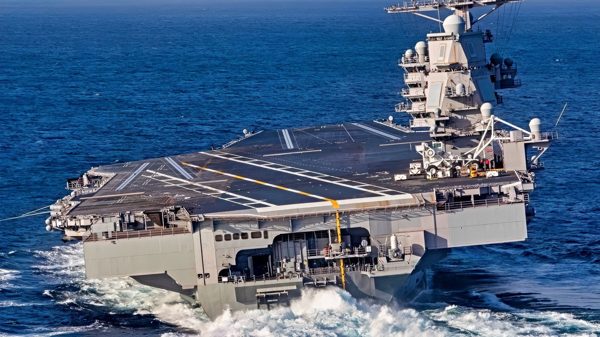 (Oct. 29, 2019) USS Gerald R. Ford (CVN 78) conducts high-speed turns in the Atlantic Ocean. Ford is at sea conducting sea trials following the in port portion of its 15 month post-shakedown availability. (U.S. Navy photo by Mass Communication Specialist 3rd Class Connor Loessin)