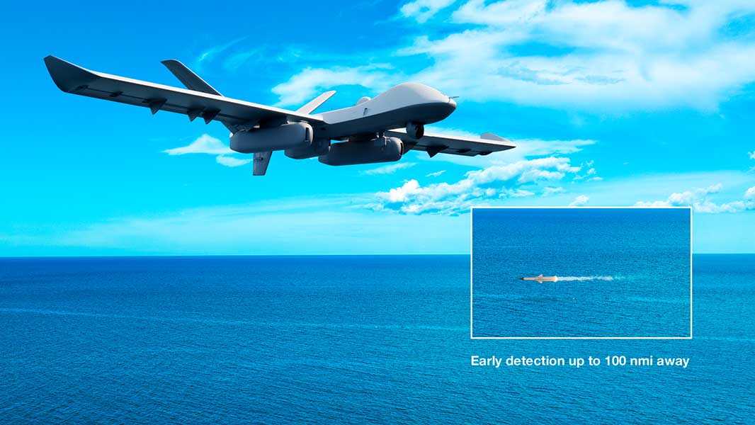 MQ-9B’s AEW&C configuration provides persistent wide-area surveillance at a fraction of the cost of crewed platforms. [Photo © GA-ASI]