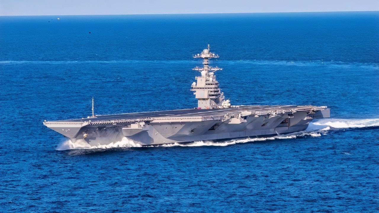 ATLANTIC OCEAN (Oct. 29, 2019) USS Gerald R. Ford (CVN 78) conducts high-speed turns in the Atlantic Ocean. Ford is at sea conducting sea trials following the in port portion of its 15 month post-shakedown availability. (U.S. Navy photo by Mass Communication Specialist 3rd Class Connor Loessin)