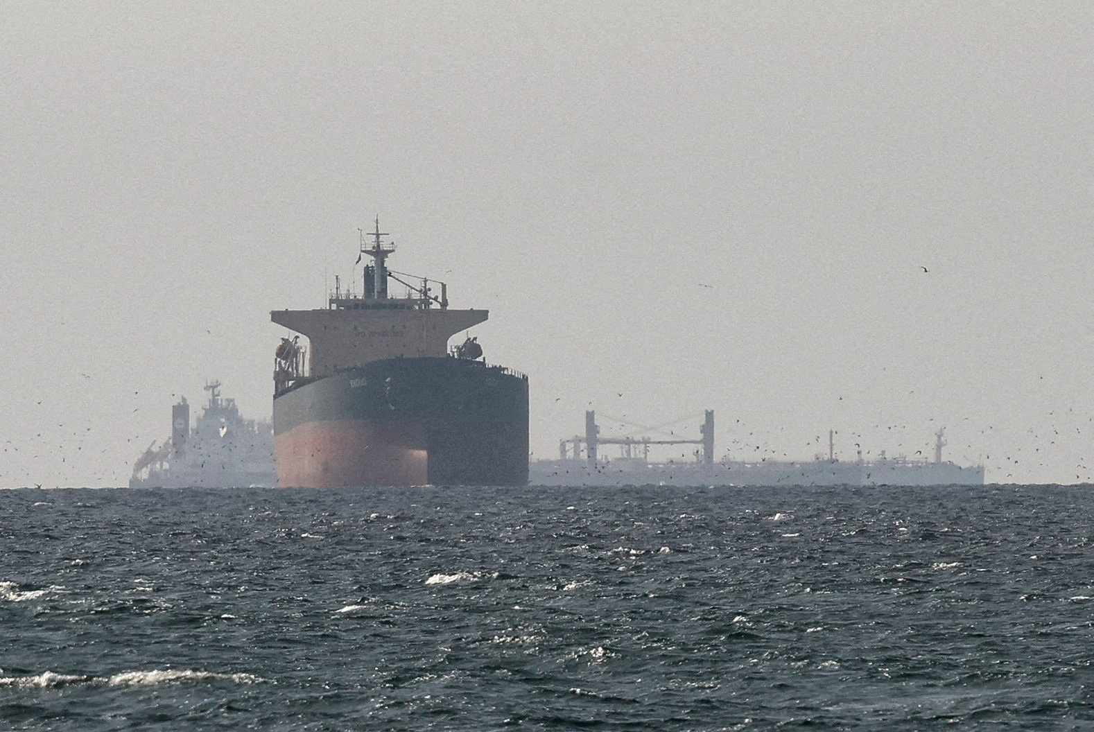 Cargo ships in the Gulf, near the Strait of Hormuz, as seen from the UAE, March 11, 2026. (Reuters)
