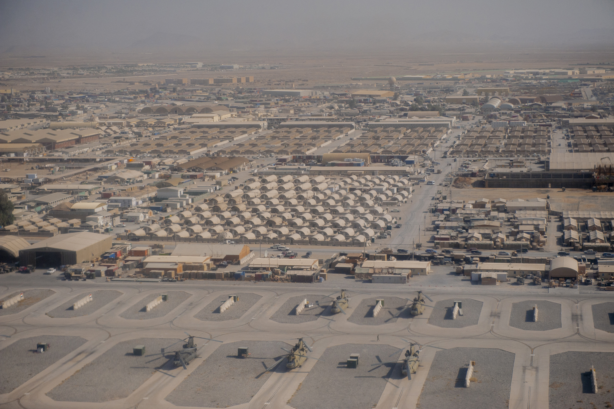 A U.S. military base sits at Kandahar International Airport in Kandahar, Afghanistan on October 14, 2010. The Afghanistan War began in 2001, when the U.S. invaded to topple the Taliban after the 9/11 attacks. It ended in 2021, with the U.S. withdrawal and the Taliban's return to power. (Photo by Hossein Fatemi / Middle East Images / AFP via Getty Images)