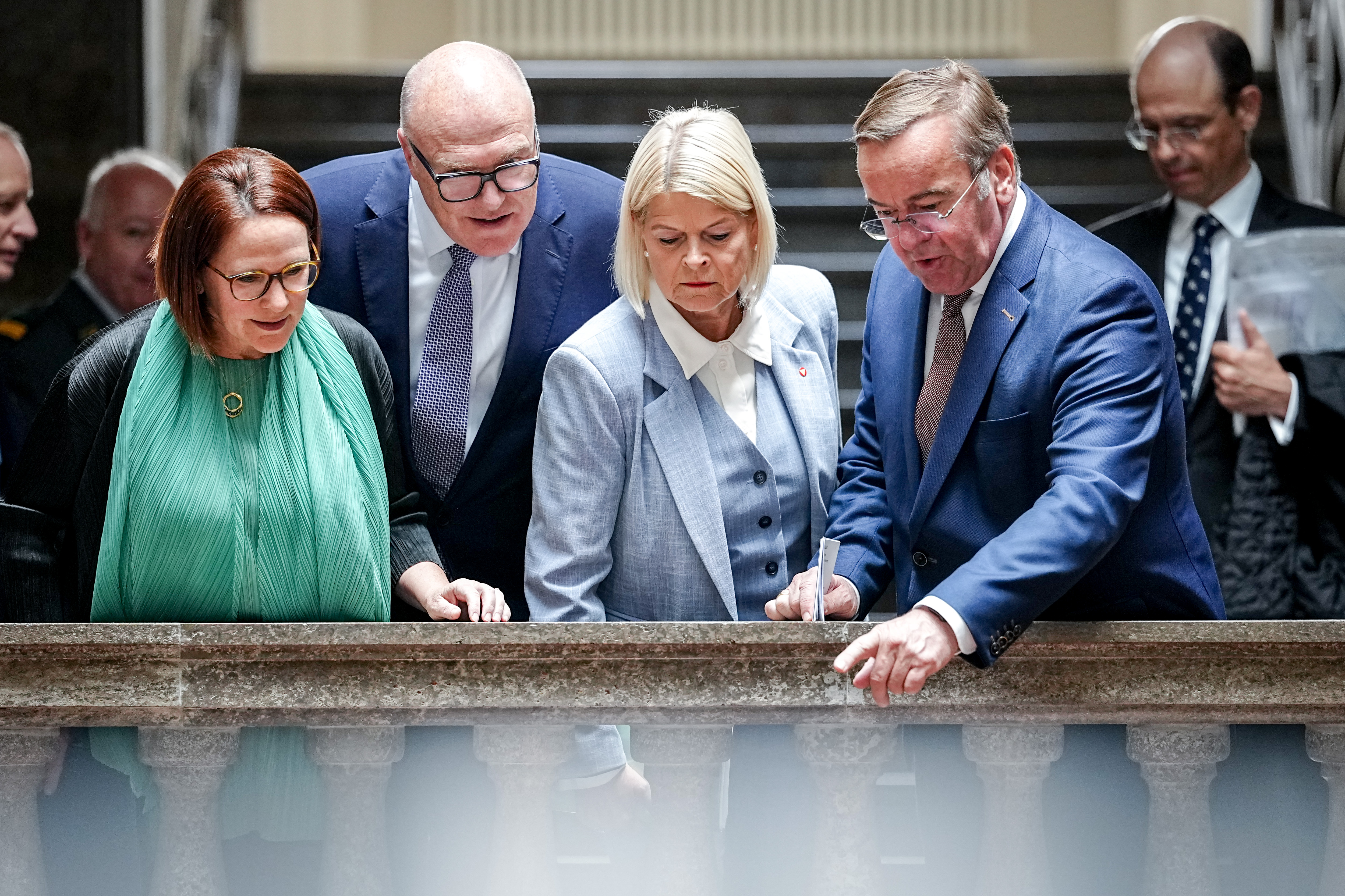 German Defense Minister Boris Pistorius (right to left) is pictured with his counterparts from Austria, Klaudia Tanner; Switzerland, Martin Pfister; and Luxembourg, Yuriko Backes, at the Ministry of Defense in Berlin on May 18, 2026. (Kay Nietfeld/picture alliance via Getty Images)