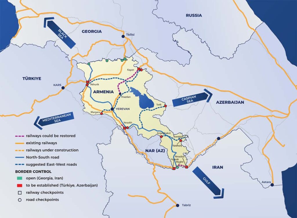 A map of the routes planned in Armenia under the ‘Crossroads of peace’ project. [Office of the Prime Minister of Armenia]