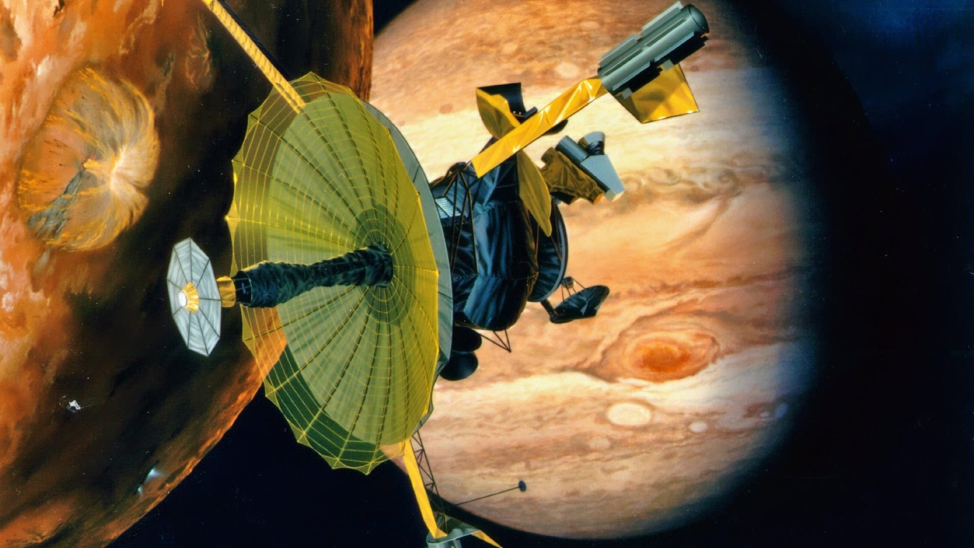 艺术家对NASA的伽利略号飞越木星卫星欧罗巴的渲染。伽利略号在其木星任务期间多次接近这颗火山活跃的卫星,包括在1995年12月首次经过木星系统时。