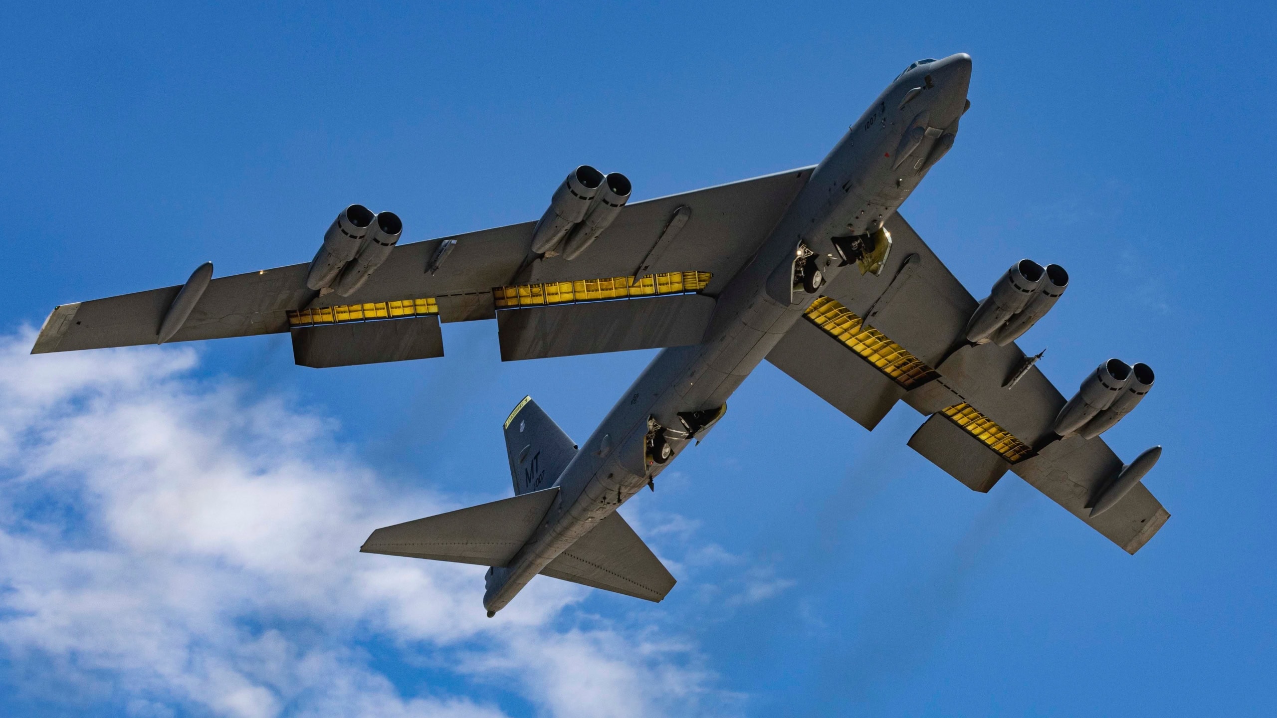 A B-52 Stratofortress assigned to the 69th Bomb Squadron, Minot Air Force Base, North Dakota, flies during Red Flag-Nellis 22-3 at Nellis Air Force Base, Nevada, July 18, 2022. RF-N 22-3 provides realistic combat training that saves lives while increasing combat effectiveness. (U.S. Air Force photo by Airman 1st Class Makenna Gott)