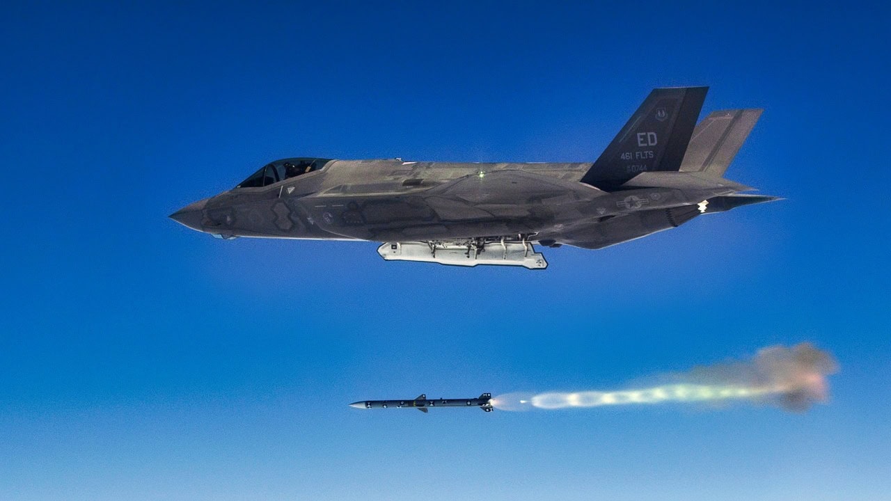 An Edwards AFB F-35A Lightning II fires an AIM-120 Advanced Medium-Range Air-to-Air Missile as part of Weapons Delivery Accuracy testing. The 461st Flight Test Squadron and F-35 Integrated Test Force completed WDA testing in early December, which concludes a large and important part of F-35 developmental test and evaluation. (Courtesy photo by Chad Bellay/Lockheed Martin)