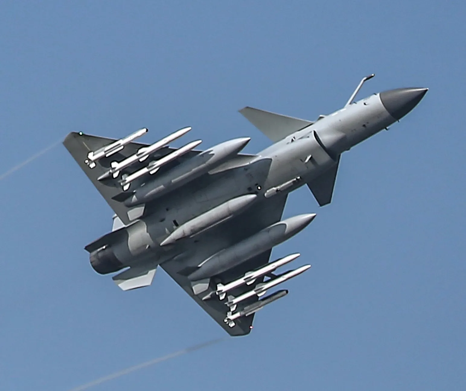 Chengdu J-10C fighter carrying missiles in flight