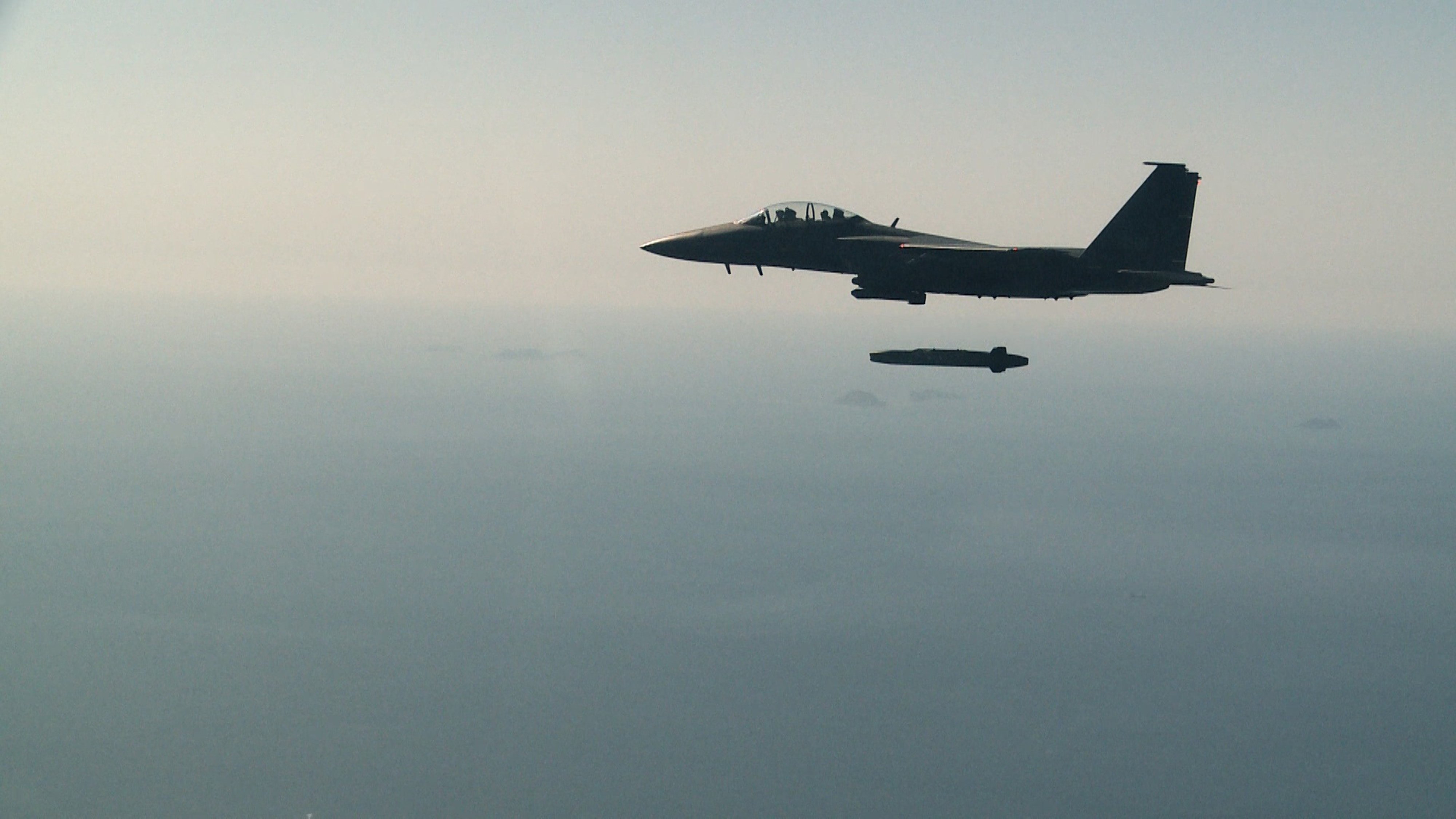 A South Korean Air Force F-15K fighter jet releases a Taurus missile during a drill off the country's western coast on Sept. 13, 2017. (South Korea Defense Ministry via AP)