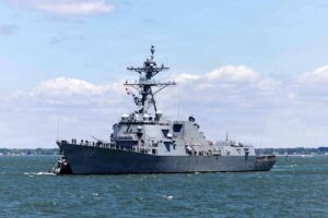 The newest Arleigh Burke-class guided-missile destroyer, the future USS Ted Stevens (DDG 128) arrives in its future homeport of Naval Station Norfolk, May 15, 2026. The U.S. Navy will commission the future USS Ted Stevens (DDG 128) on a date to be announced at a later time in Whittier, Alaska. (U.S. Navy photo by Mass Communication Specialist 1st Class Sophie A. Pinkham)