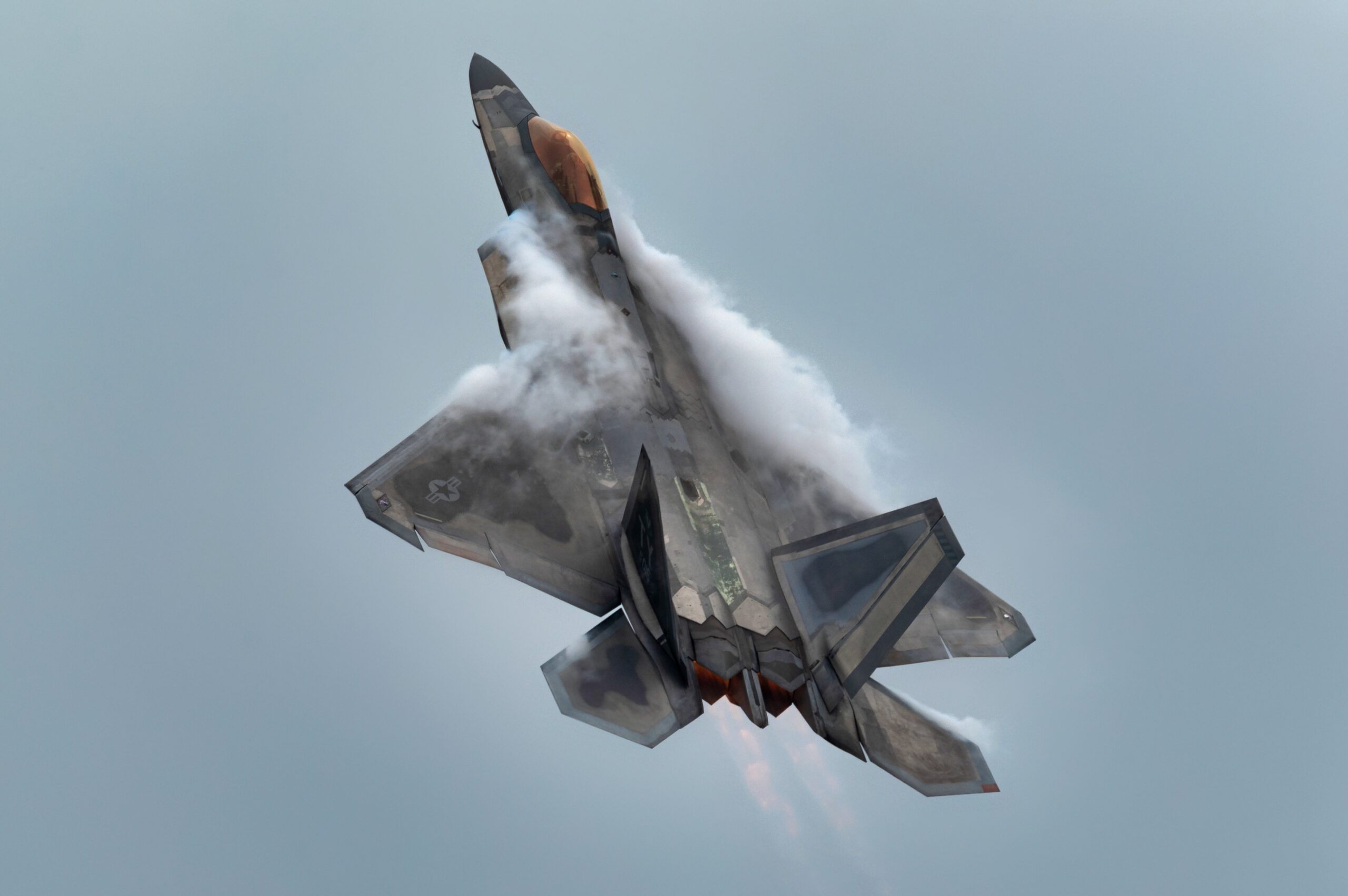 U.S. Air Force Maj. Josh Gunderson, F-22 Demo Team commander, performs maximum power takeoff during a demonstration for the 67th National Security Forum at Maxwell-Gunter Air Force Base, Montgomery, Alabama, May 11, 2021. The F-22 Raptor's two Pratt and Whitney F119 Turbofan engines bring a combined 70,000 pounds of thrust, allowing the aircraft to takeoff straight into the vertical. (U.S. Air Force photo by Staff Sgt. Don Hudson)
