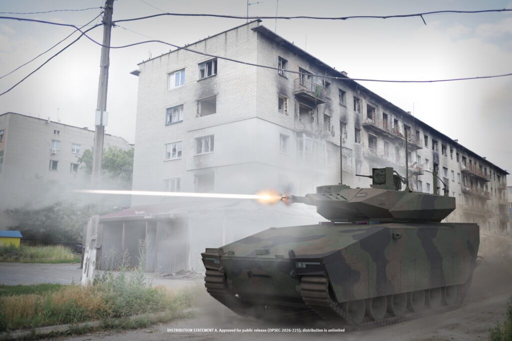 A photo illustration of American Rheinmetall’s Lynx XM30 in an urban combat zone. (Photo illustration courtesy of American Rheinmetall.)