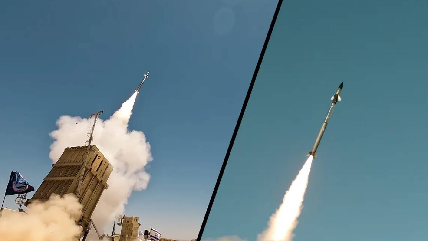 Israeli Iron Dome air defense launcher firing interceptor missiles