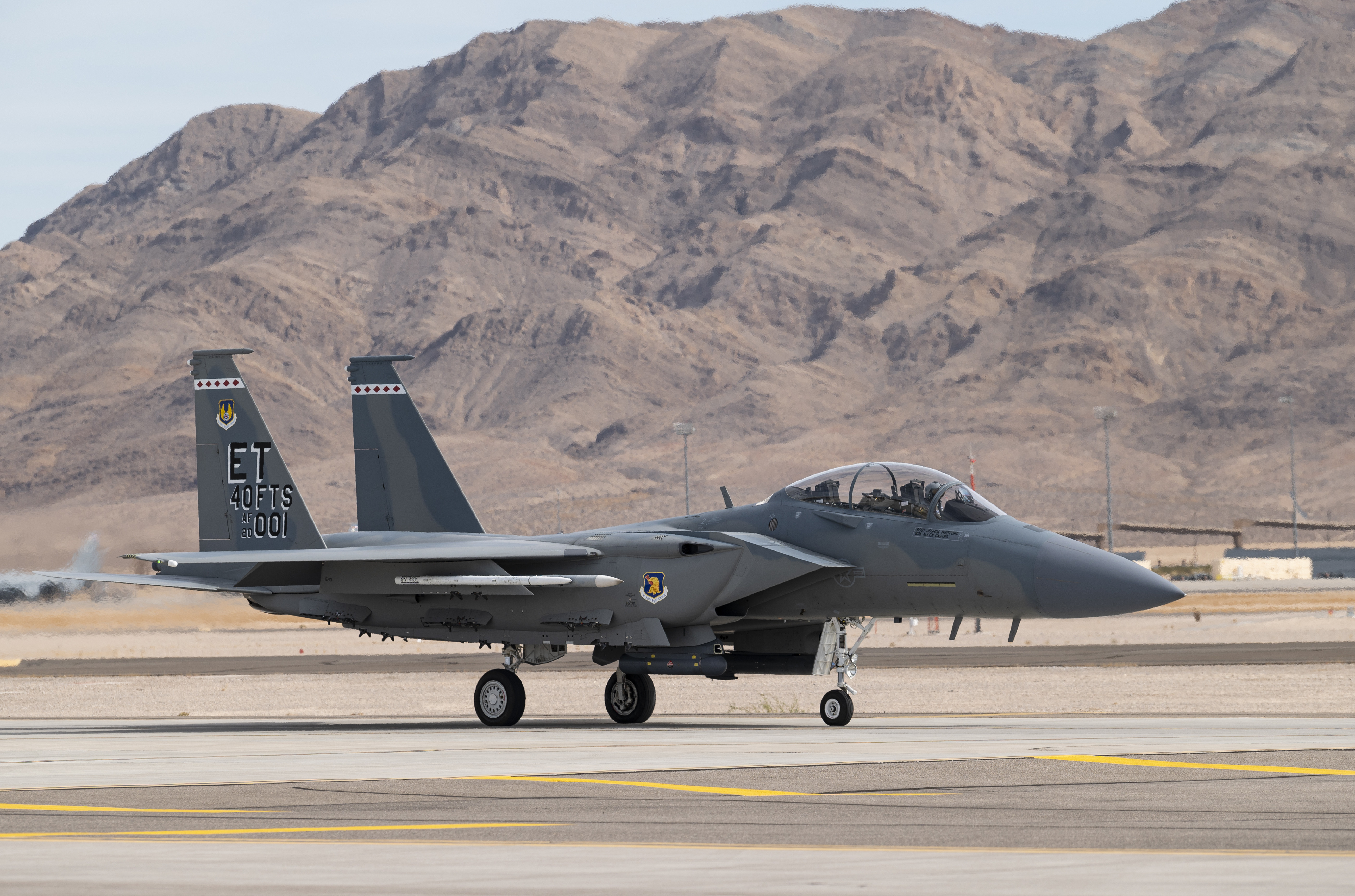 An F-15EX Eagle II prepares for departure at Nellis Air Force Base, Nevada, October 2021. (William R. Lewis/U.S. Air Force)