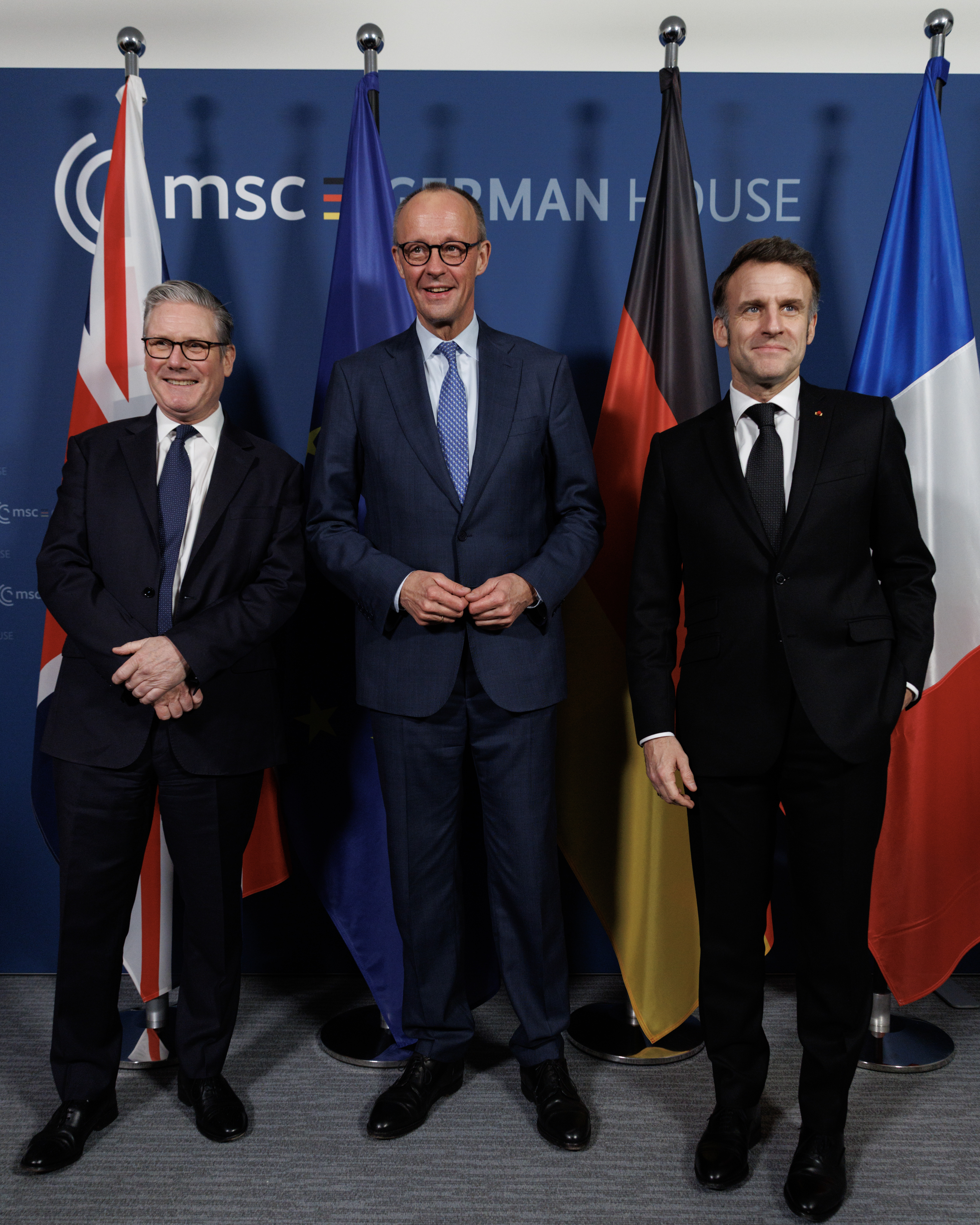 German Chancellor Friedrich Merz, French President Emmanuel Macron and British PM Keir Starmer at Munich Security Conference 2026