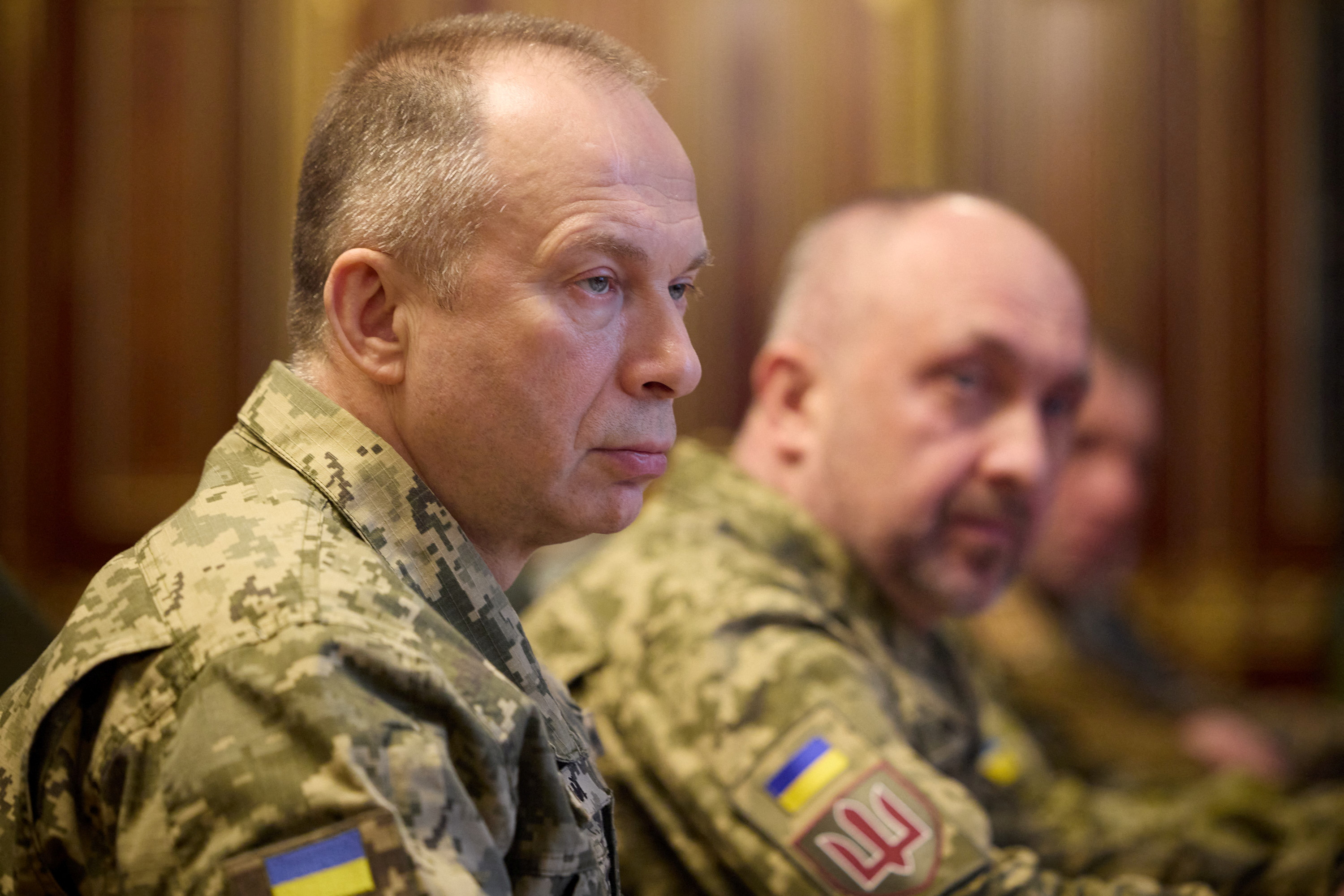 Gen. Oleksandr Syrskyi attends a meeting with Ukraine's President Volodymyr Zelenskiy, February 2024. (Ukrainian Presidential Press Service via Reuters)