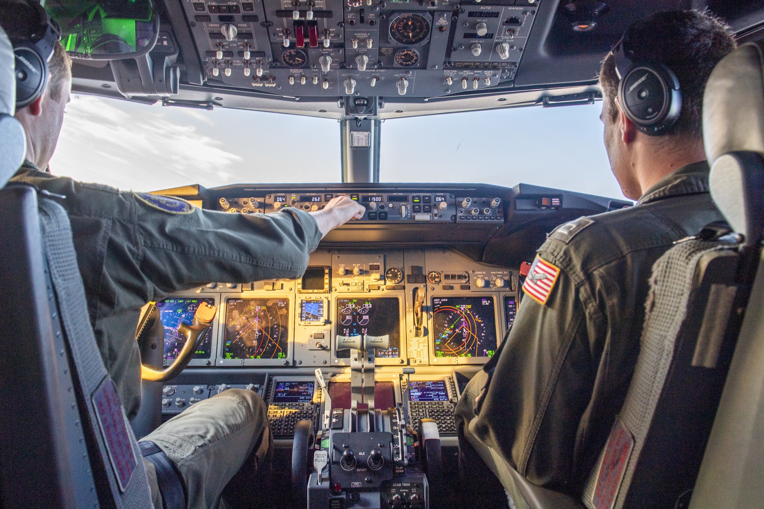 PHILIPPINE SEA (Oct. 1, 2019) Lt. Levi Ellis, left and Lt. Bradley Woods  pilot a P-8A Poseidon assigned to Patrol Squadron (VP) 47 as part of a sinking exercise (SINKEX) during Exercise Pacific Griffin 2019. Pacific Griffin is a biennial exercise conducted in the waters near Guam aimed at enhancing combined proficiency at sea while strengthening relationships between the U.S. and Republic of Singapore navies. (U.S. Navy photo by Mass Communication Specialist 1st Class Nathan Carpenter/Released)