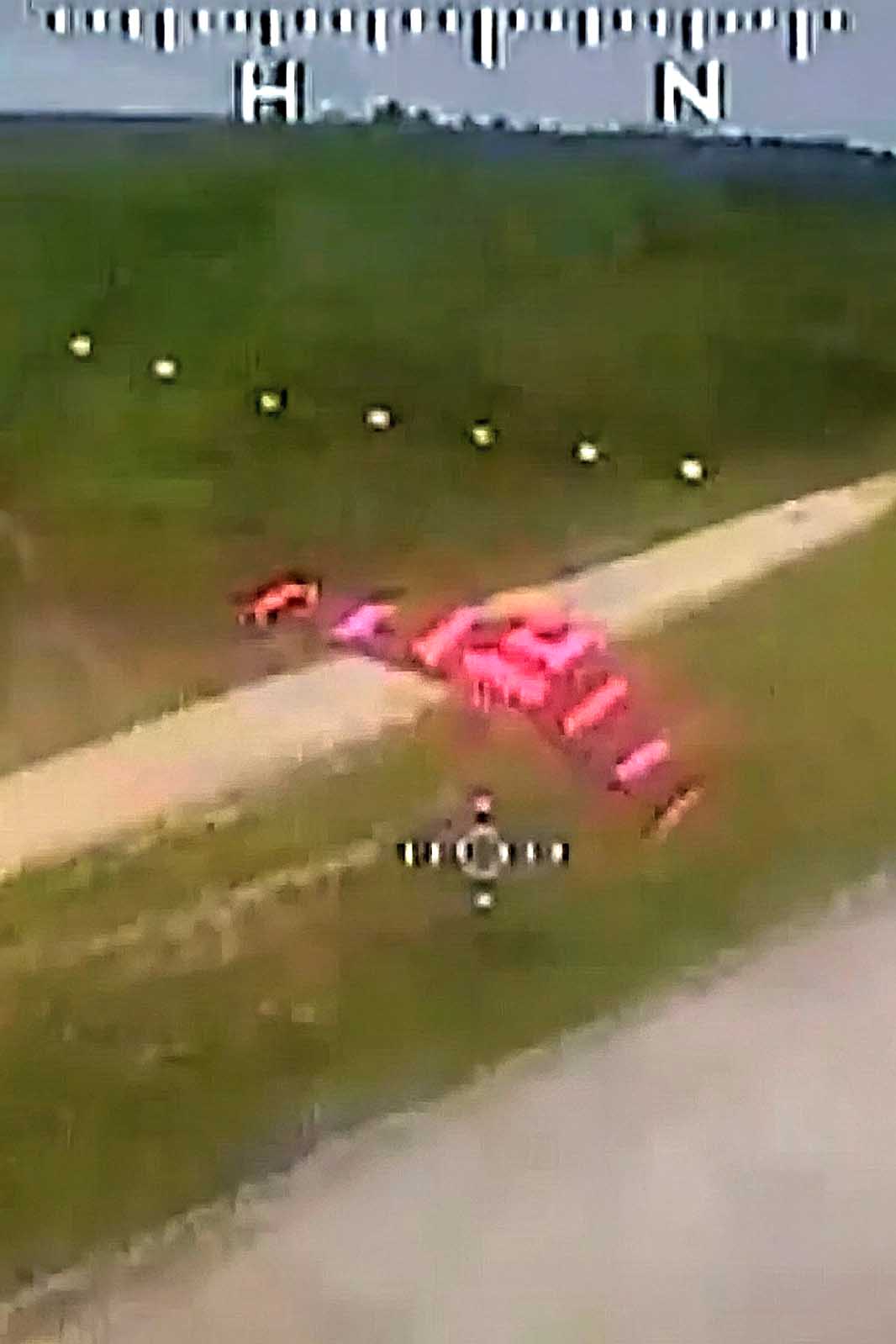 Screenshot from the 6 August 2025 intercept of a UAV by a Claymore-armed SkyRaider quadcopter, taken by the Skyraider’s camera seconds before target destruction. [Source: US Army]