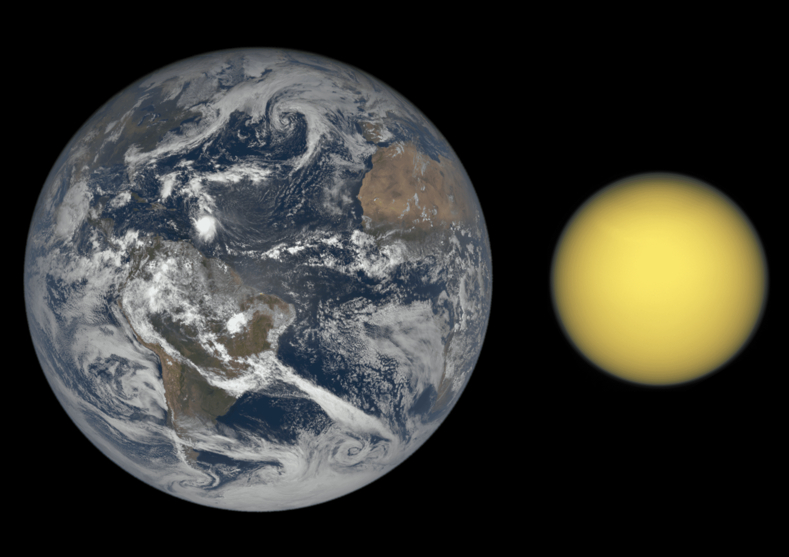 Earth image derived from DSCOVR/EPIC. Titan image derived from Cassini spacecraft narrow-angle camera (NAC). The relative sizes are calibrated using the known distances to each target at the time of image acquisition and the angular resolution of the respective instruments. Titan’s apparent size includes its extended atmospheric haze.