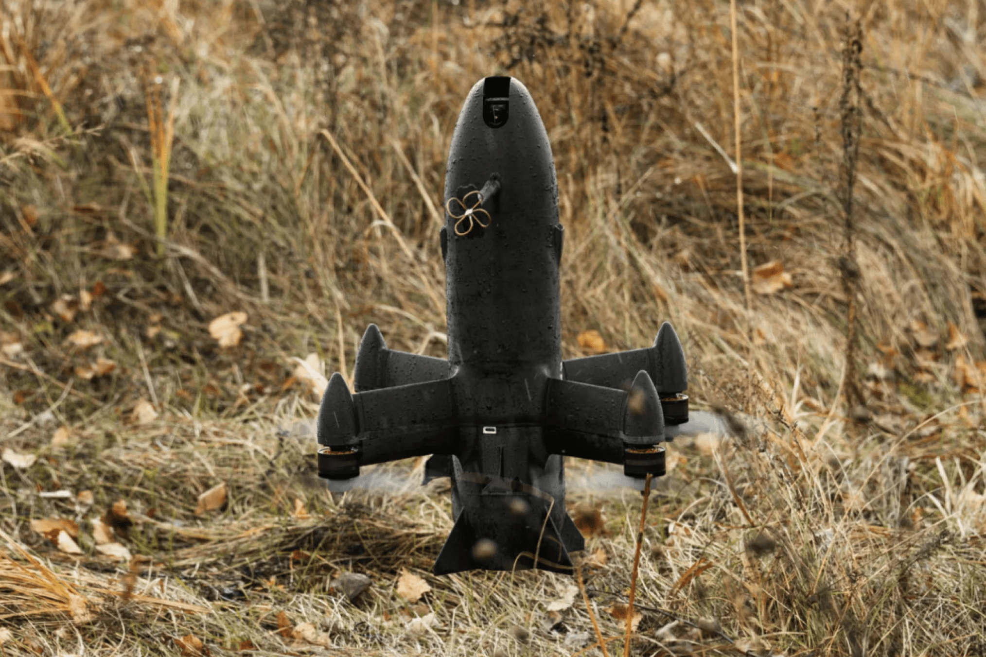 SkyFall’s P1-SUN interceptor drone stands on a field during testing. (SkyFall)