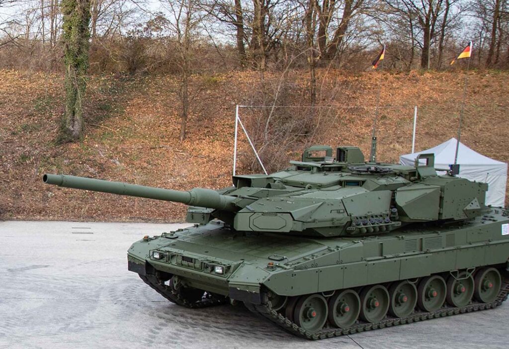 Leopard 2A8 main battle tank at rollout display with European flags