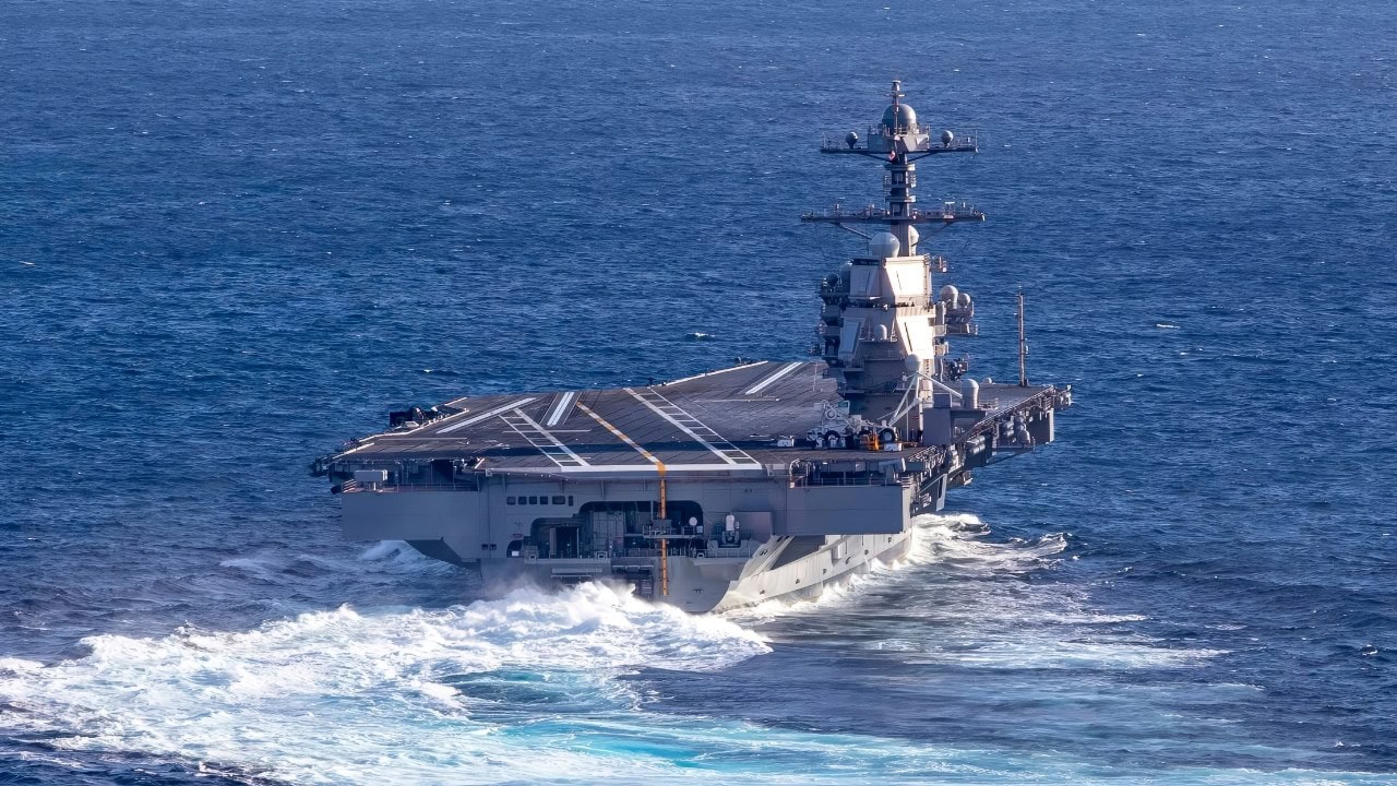 ATLANTIC OCEAN (Oct. 29, 2019) USS Gerald R. Ford (CVN 78) conducts high-speed turns in the Atlantic Ocean. Ford is at sea conducting sea trials following the in port portion of its 15 month post-shakedown availability. (U.S. Navy photo by Mass Communication Specialist 3rd Class Connor Loessin)