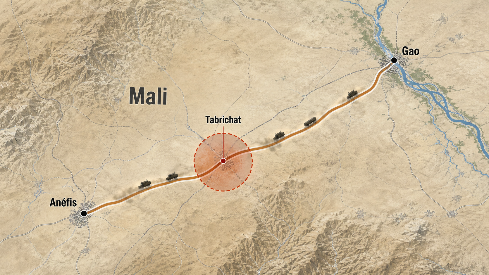 Map of the Gao-Anefis corridor in northern Mali with the Tabrichat ambush zone