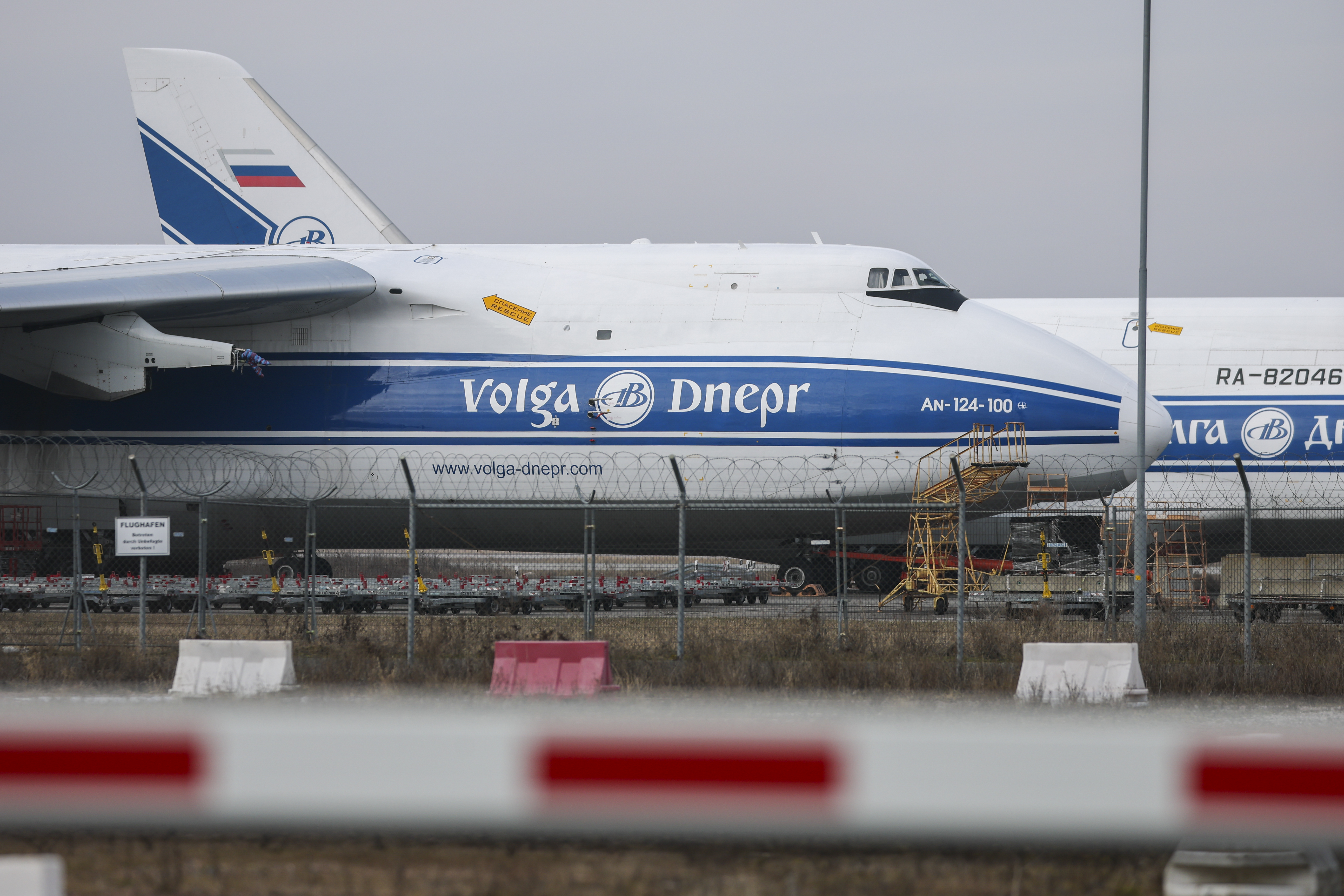 Antonov An-124 cargo planes of the Russian Volga-Dnepr Group are parked at Leipzig/Halle Airport, Germany, on Feb. 19, 2026. The planes are no longer allowed to take off as EU airspace is closed to Russian aircraft. (Jan Woitas/picture alliance via Getty Images)