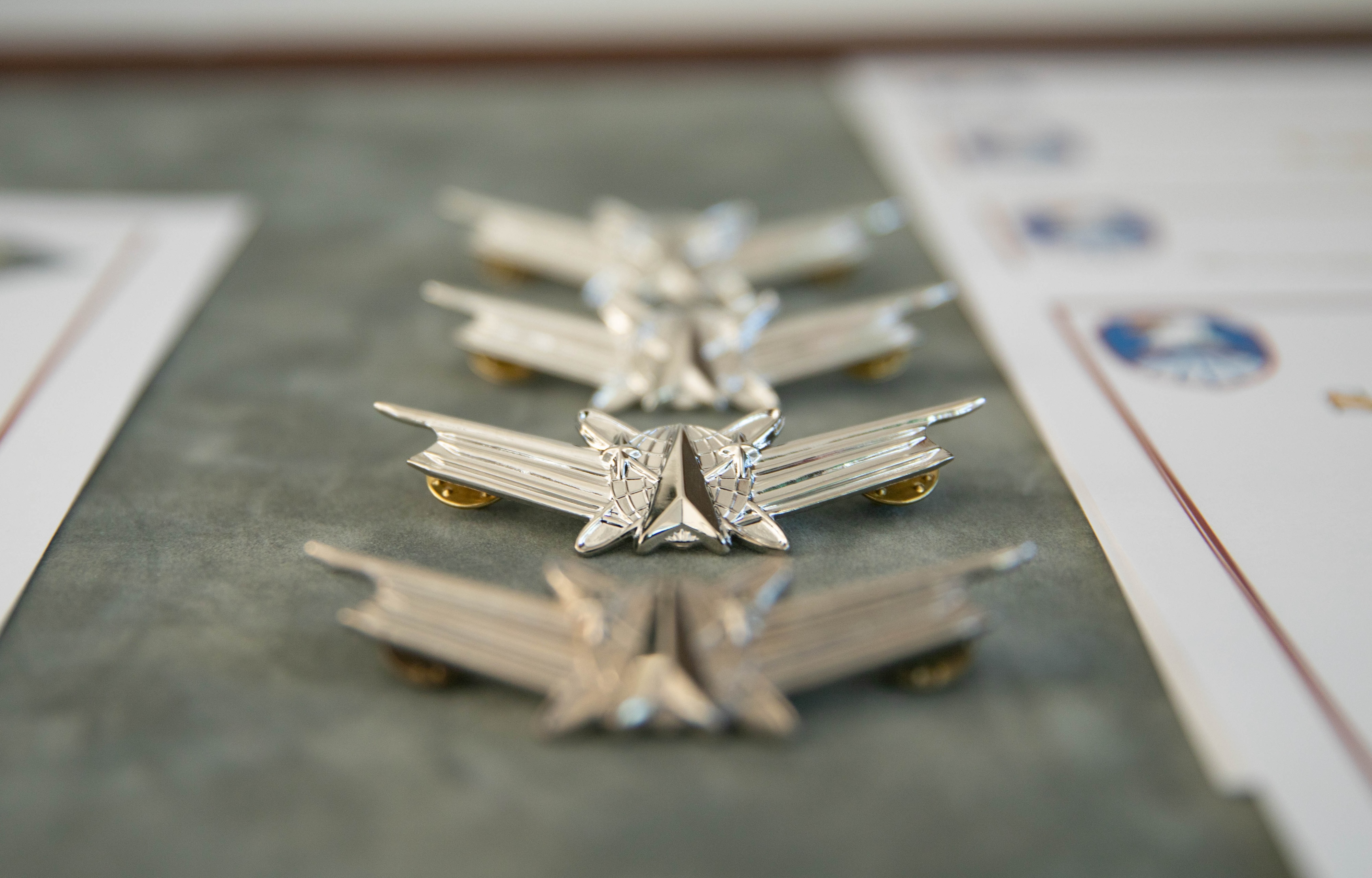 The U.S. Army Space Badge is displayed before a pinning ceremony at Caserma Del Din, Vicenza, Italy. (Spc. Daely Goodwin/Army)