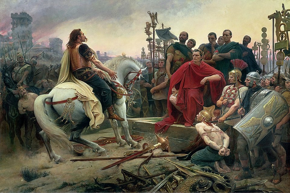 维尔辛盖托里克斯在尤利乌斯·凯撒面前投降，1899年利昂·罗耶的画作。法国勒皮-昂-维莱克罗扎提耶博物馆。