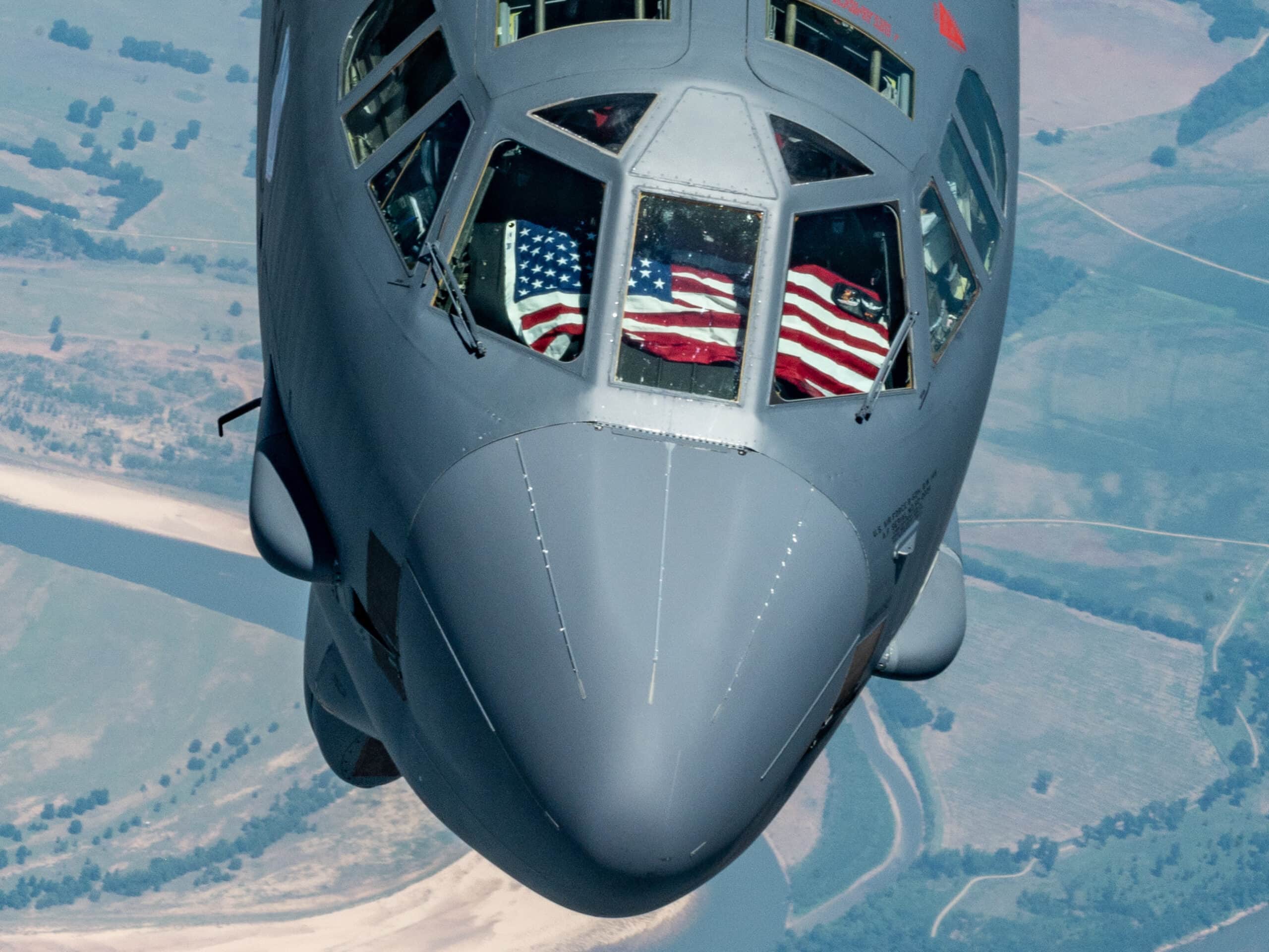 A B-52 Stratofortress with the 307th Bomb Wing, Louisiana, flies toward the boom of a KC-135 Stratotanker, with the 914th Air Refueling Wing, New York, July 9, 2022 over Southern United States. The KC-135 had spouses of the 307th Maintenance Group on board that were able to watch the refueling. (U.S. Air Force photo by Staff Sgt. Tiffany A. Emery)