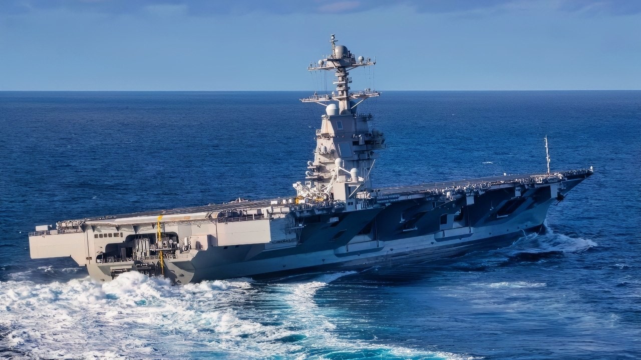 ATLANTIC OCEAN (Oct. 29, 2019) USS Gerald R. Ford (CVN 78) conducts high-speed turns in the Atlantic Ocean. Ford is at sea conducting sea trials following the in port portion of its 15 month post-shakedown availability. (U.S. Navy photo by Mass Communication Specialist 3rd Class Connor Loessin)