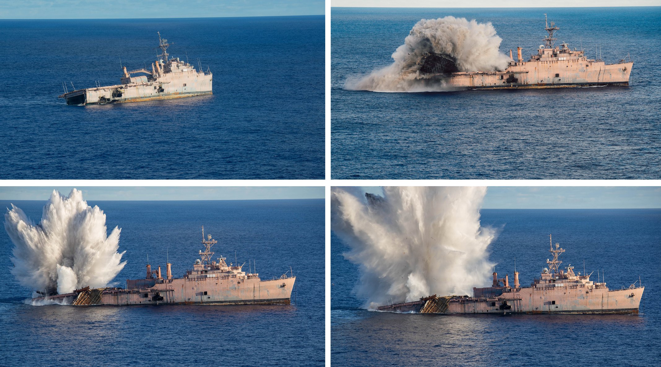 Photos of the USS Juneau showing the moments leading up to and immediately after impact by a torpedo.