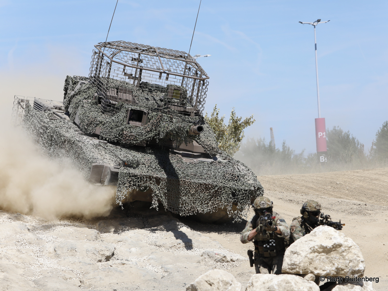 The French Army presented an upgraded Leclerc tank featuring a drone cage at the Eurosatory defense exhibition near Paris on June 14, 2026. (Rudy Ruitenberg/staff)
