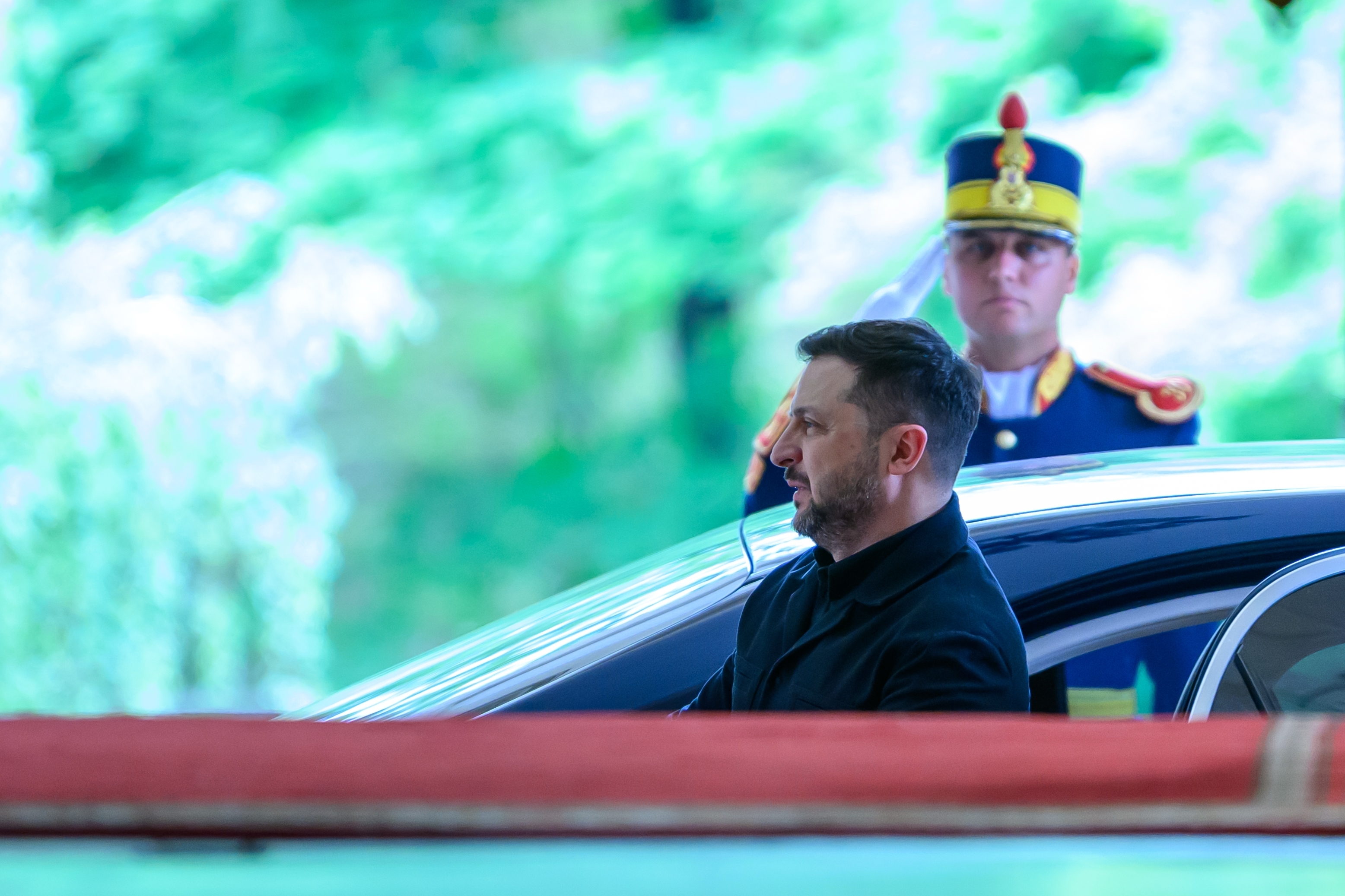 Ukrainian President Volodymyr Zelenskyy arrives to attend the summit of B9 and Nordic countries in Bucharest, Romania, on May 13, 2026. (Alex Nicodim/Anadolu via Getty Images)