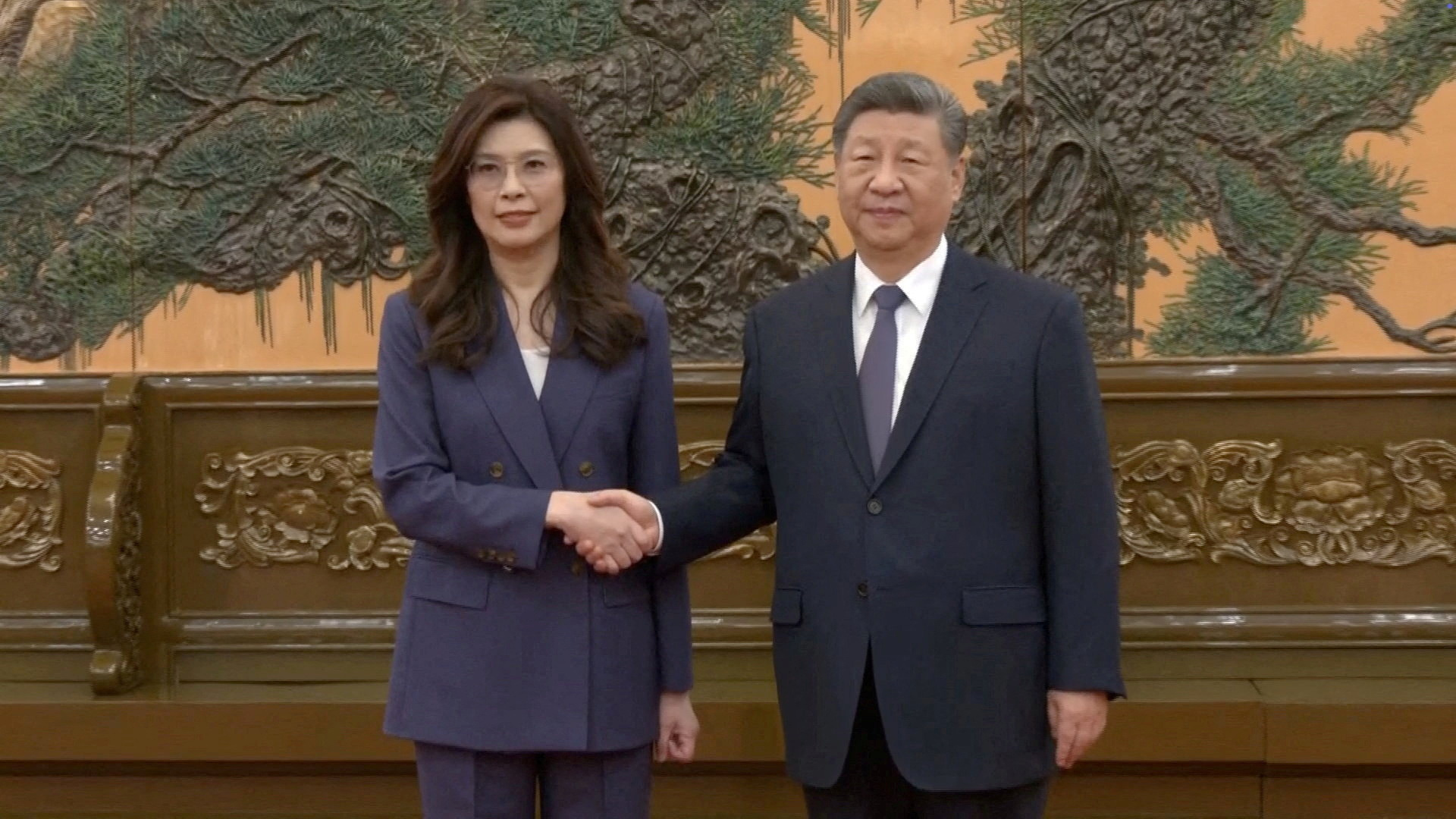 Cheng Li-wun, chairperson of Taiwan's largest opposition party, with Chinese President Xi Jinping in Beijing, China, April 10, 2026, (CTI via Reuters)