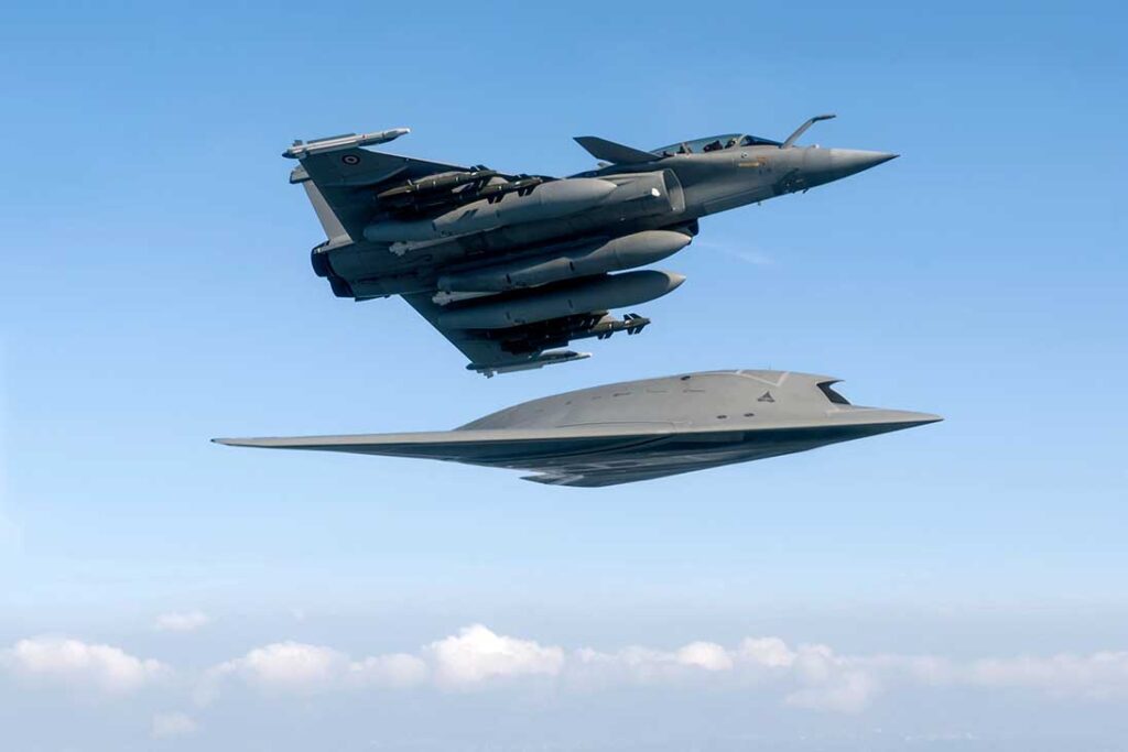 Dassault seems to be concentrating its efforts on the Rafale F5 and unmanned adjuncts, ‘all-French’ products that require no cooperation with European partners, and whose profits will remain with French companies. A Rafale is seen here banking away from the nEUROn technology demonstrator. [Dassault]