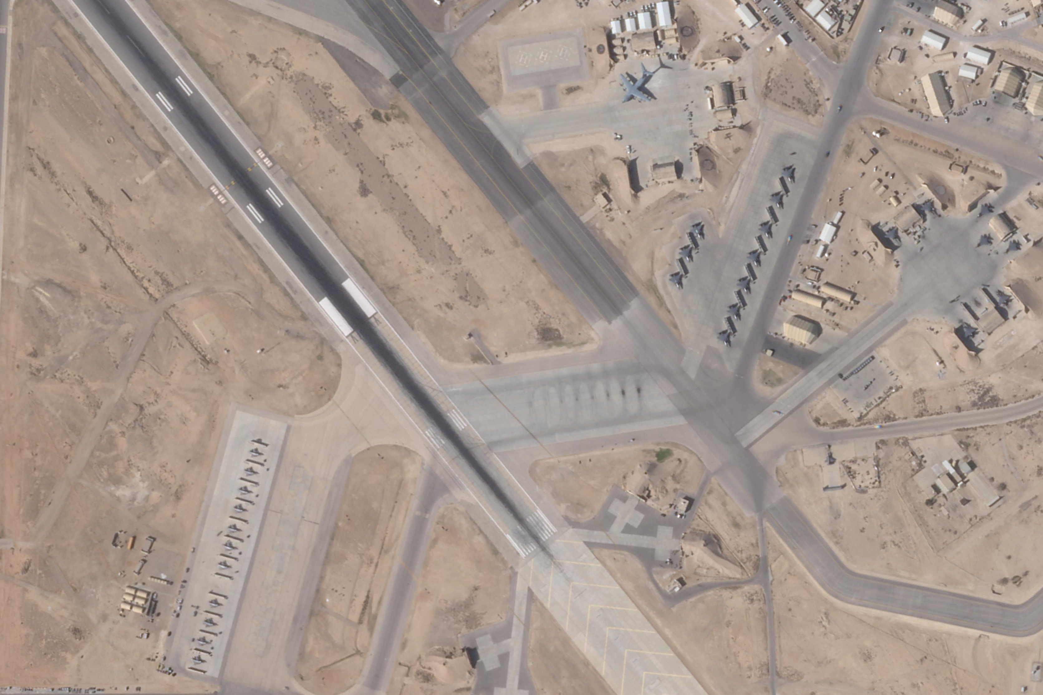 Satellite image from Planet Labs PBC shows aircraft at Muwaffaq Salti Air Base in Jordan, Feb. 21, 2026. (Planet Labs PBC via AP)