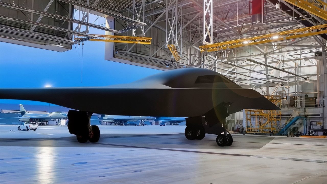 Artist rendering of a B-21 Raider in a hangar at Ellsworth Air Force Base, South Dakota, one of the future bases to host the new airframe. AFCEC is leading a $1 billion construction effort at Ellsworth to deliver sustainable infrastructure to meet warfighter demands for bomber airpower. (U.S. Air Force graphic)