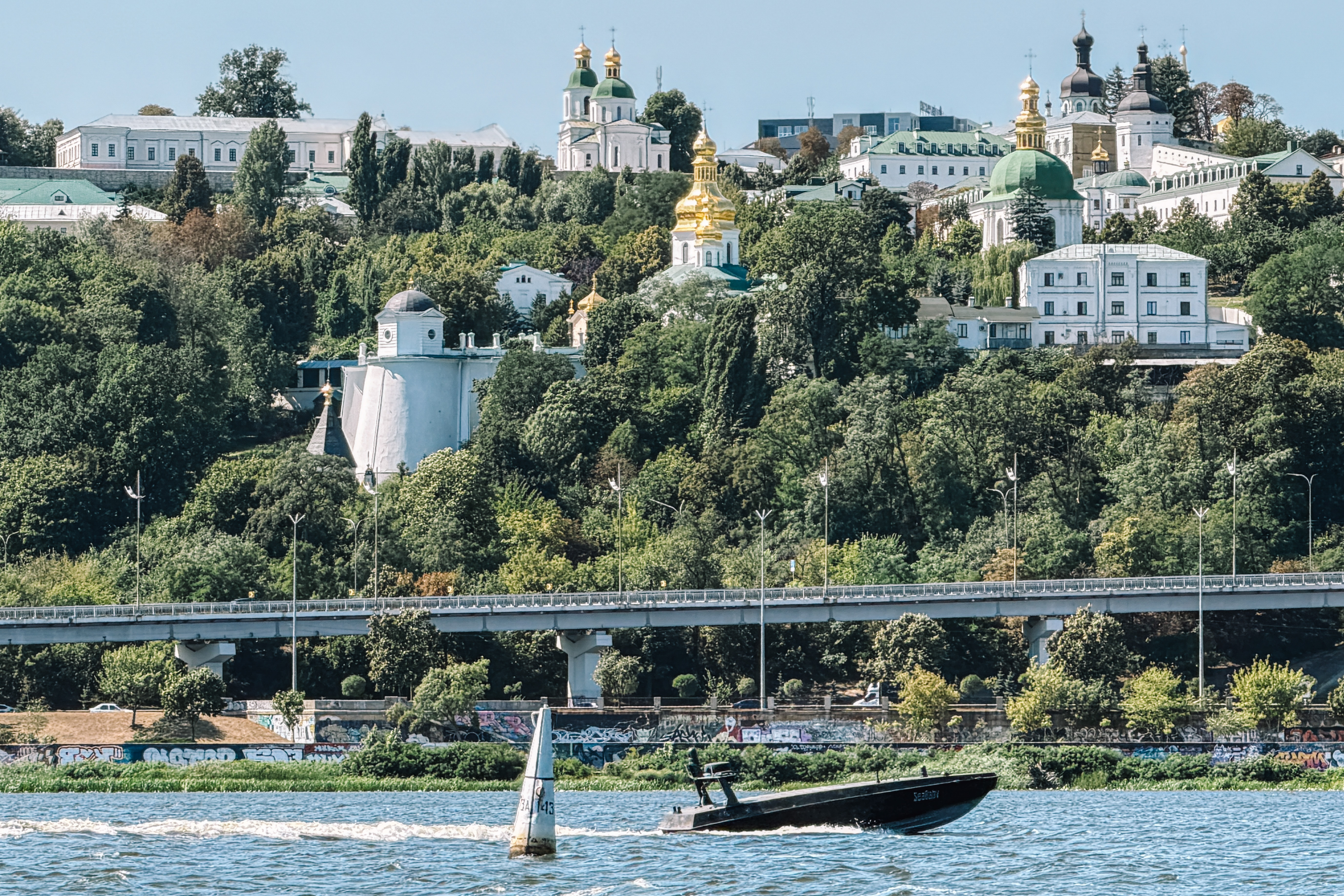 A Sea Baby unmanned surface vessel (USV) navigates along the Dnieper River, ahead of the Independence Day anniversary in Kyiv, Ukraine, on Aug. 22, 2026. (Andrew Kravchenko/Bloomberg via Getty Images)