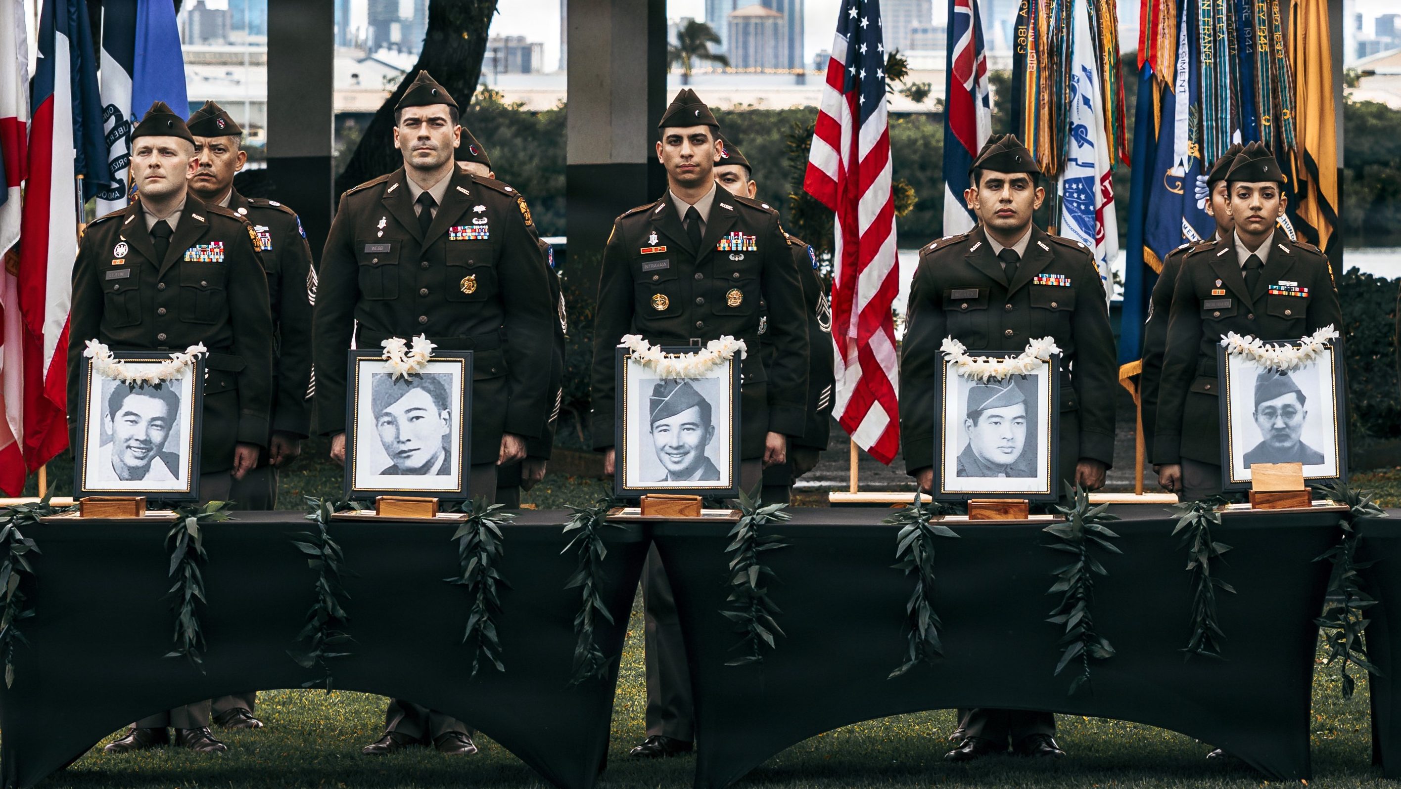 U.S. Army Pacific Soldiers and University of Hawai’i at Manoa (UHM) ROTC Cadets present seven former UHM ROTC Cadets with the Posthumous Commissioning, earned during their service during World War II, at Ke’ehi Lagoon Memorial State Park, Honolulu, Hi., Jan. 26, 2026. These men initially served in the Hawaii Territorial Guard, subsequently volunteered to serve in the Varsity Victory Volunteers, and they enlisted in the 100th Battalion and the 442nd Infantry Regimental Combat Team. They were unable to return to school and finish their commissioning efforts. These seven men gave their lives fighting on the battlefields of Europe in 1944 and 1945. (U.S. Army photo by Pfc. Peter Bannister)