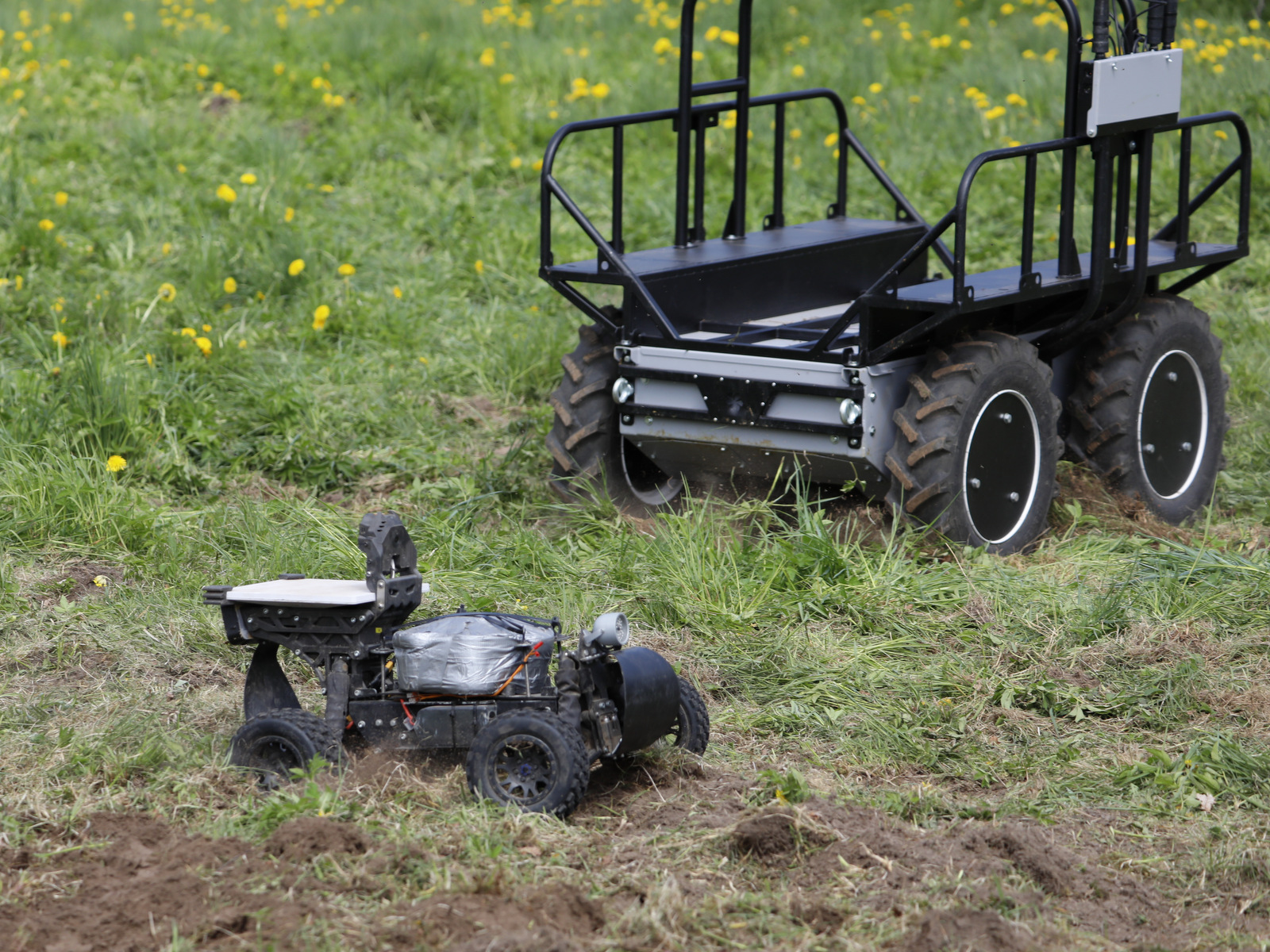 The Ark-1 unmanned ground vehicle by Ark Robotics (front) and the Simba UGV by Ukraine's UGV Laboratory are pictured in a demo near the Sēlija training area in Latvia on May 12, 2026, during the Crystal Arrow exercise. (Rudy Ruitenberg/staff)