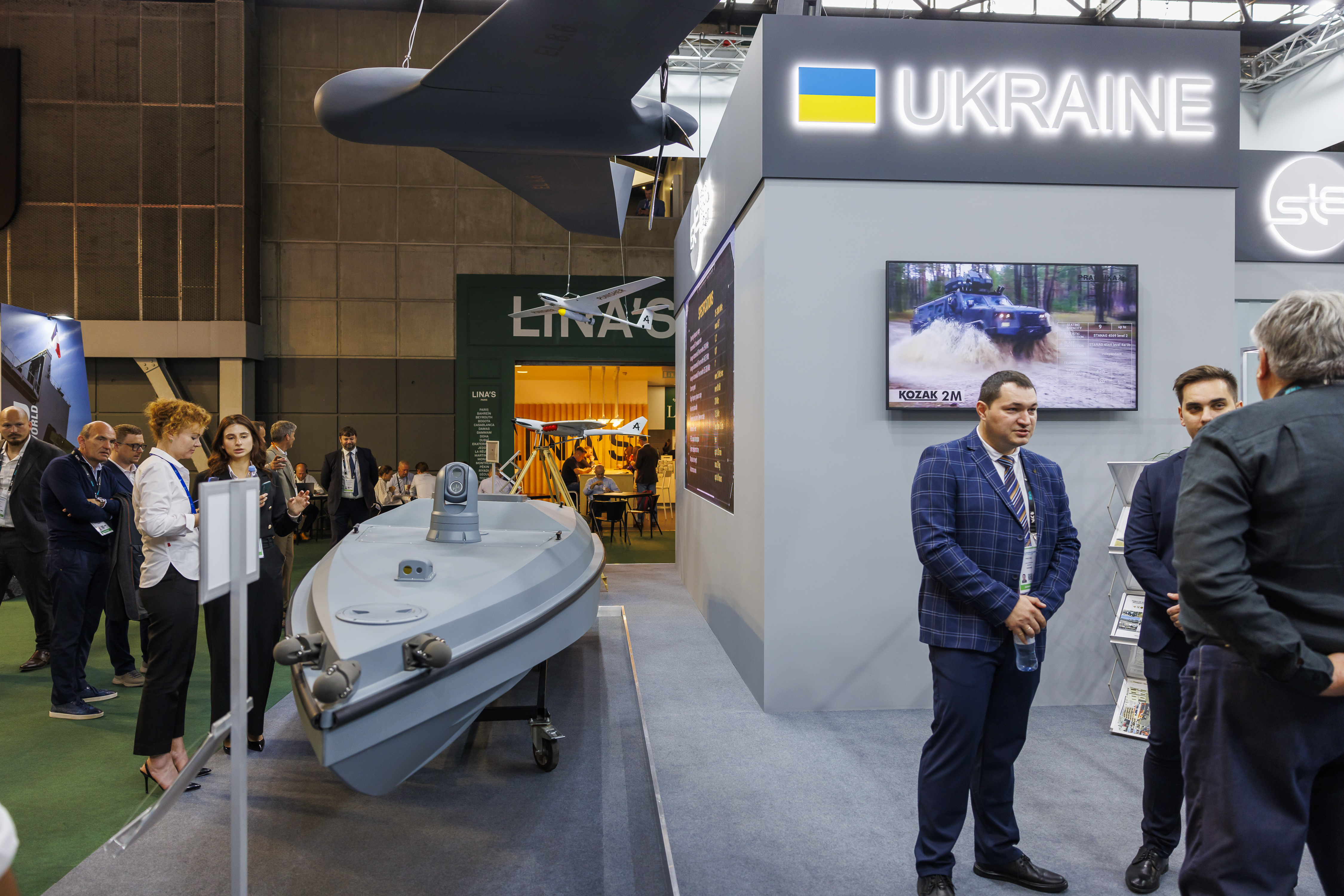 Ukrainian drones are on display at the Eurosatory trade show near Paris on June 17, 2024. (Photo by Patrick Robert/Getty Images)