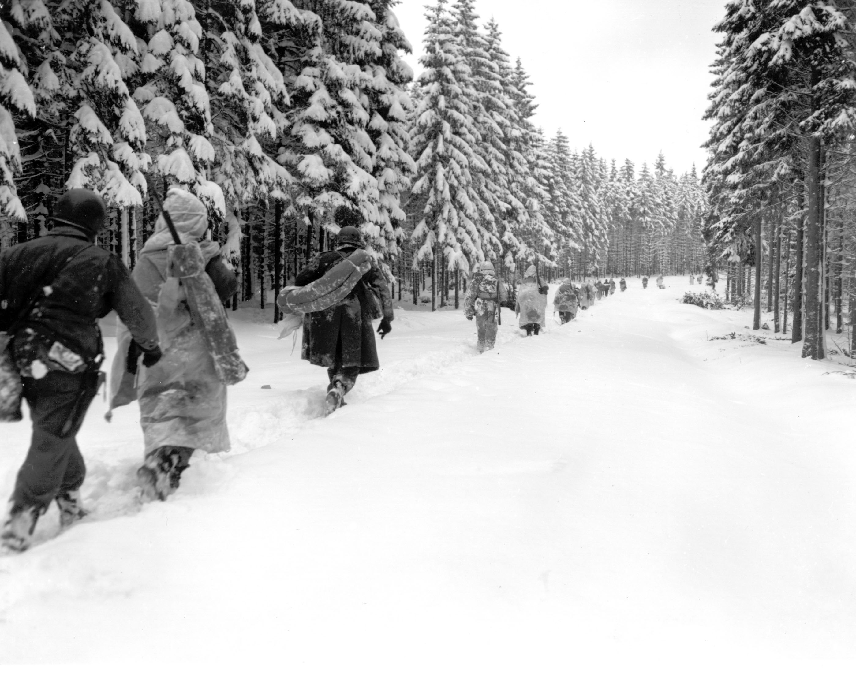 Troops of the 82nd Airborne Division in the Ardennes region in Belgium, January 1945. (AP)