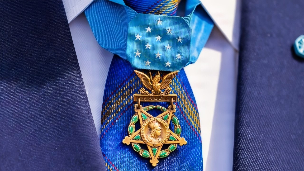 A detail photo of the Medal of Honor at the Tomb of the Unknown Soldier, Arlington National Cemetery, Va., Mar. 25, 2025. The Ceremony was hosted by Maj. Gen. Trevor J. Bredenkamp, commanding general, Joint Task Force-National Capital Region and U.S. Army Military District of Washington.  (U.S. Army photos by Sgt. Christopher Grey)
