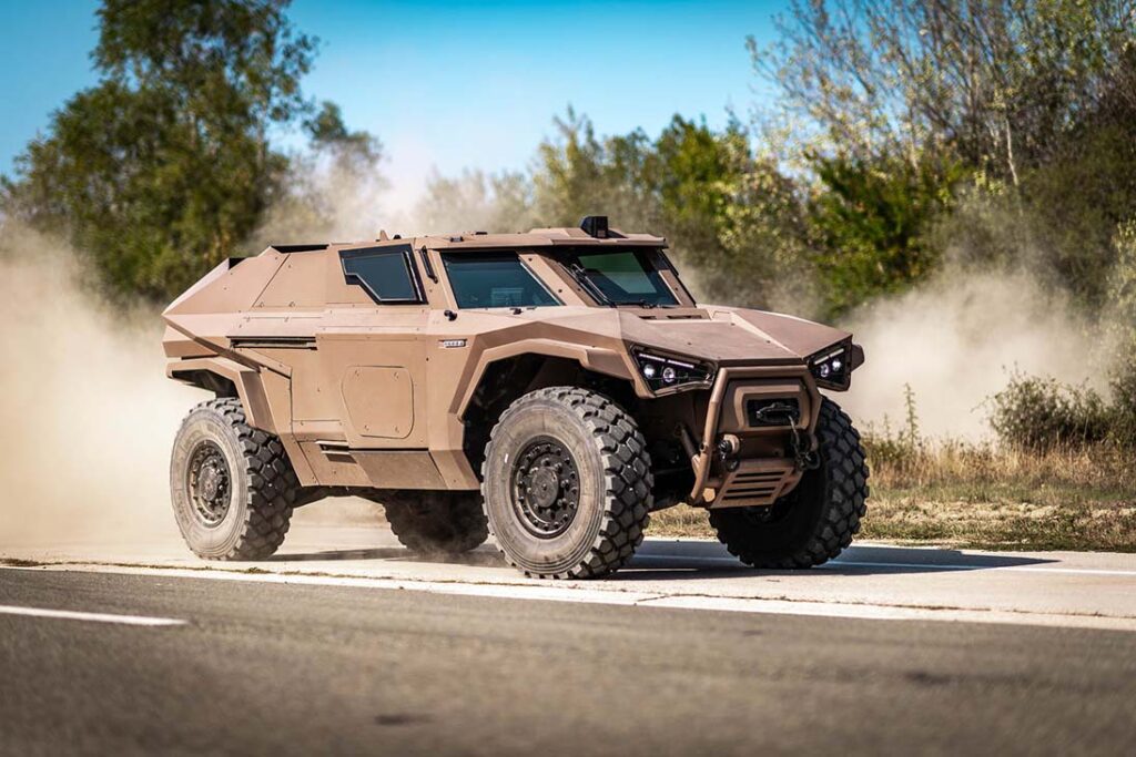 The Scarabee tactical 4×4, which was soft-launched in 2018 and officially presented in 2021, has been billed by Arquus as the “very first modern hybrid-drive armoured vehicle”, but no sales of the vehicle have been secured thus far. [Arquus]