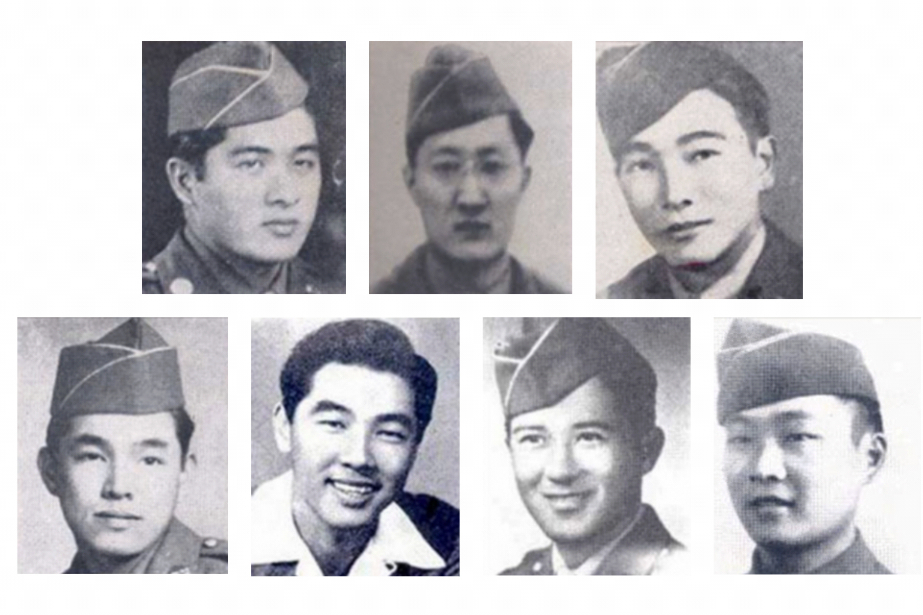 这张组合图由美国陆军太平洋部提供，展示了从左到右，夏威夷大学ROTC学员千夏·知念、丹尼尔·别崔和霍华德·浦边，顶部，和富田·宏一、格罗弗·长治、罗伯特·村田和秋生·西川，底部。(美国陆军太平洋部通过美联社)