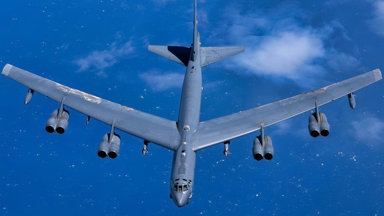 A U.S. Air Force B-52 Stratofortress, from the 5th Bomb Wing at Minot Air Force Base, N.D., breaks away after receiving fuel from a U.S. Air Force KC-135 Stratotanker from RAF Mildenhall, England, over the Mediterranean Sea April, 9, 2018. A formation of four KC-135s refueled two B-52s. Each KC-135 offloaded more than 80,000 pounds of fuel. (U.S. Air Force photo by Airman 1st Class Benjamin Cooper)